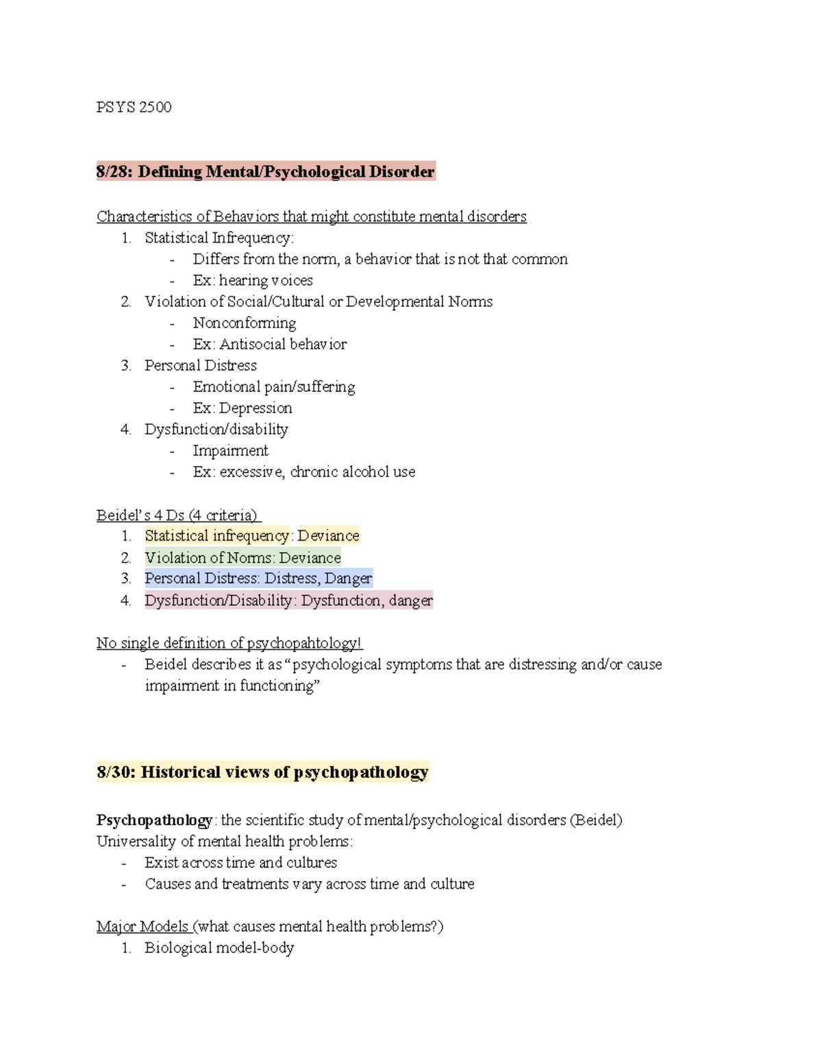 PSYS 2500 - notes from semester - PSYS 2500 8/28: Defining Mental ...