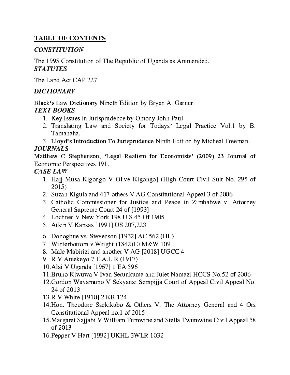 Juris Coursework - Law - TABLE OF CONTENTS CONSTITUTION The 1995 ...