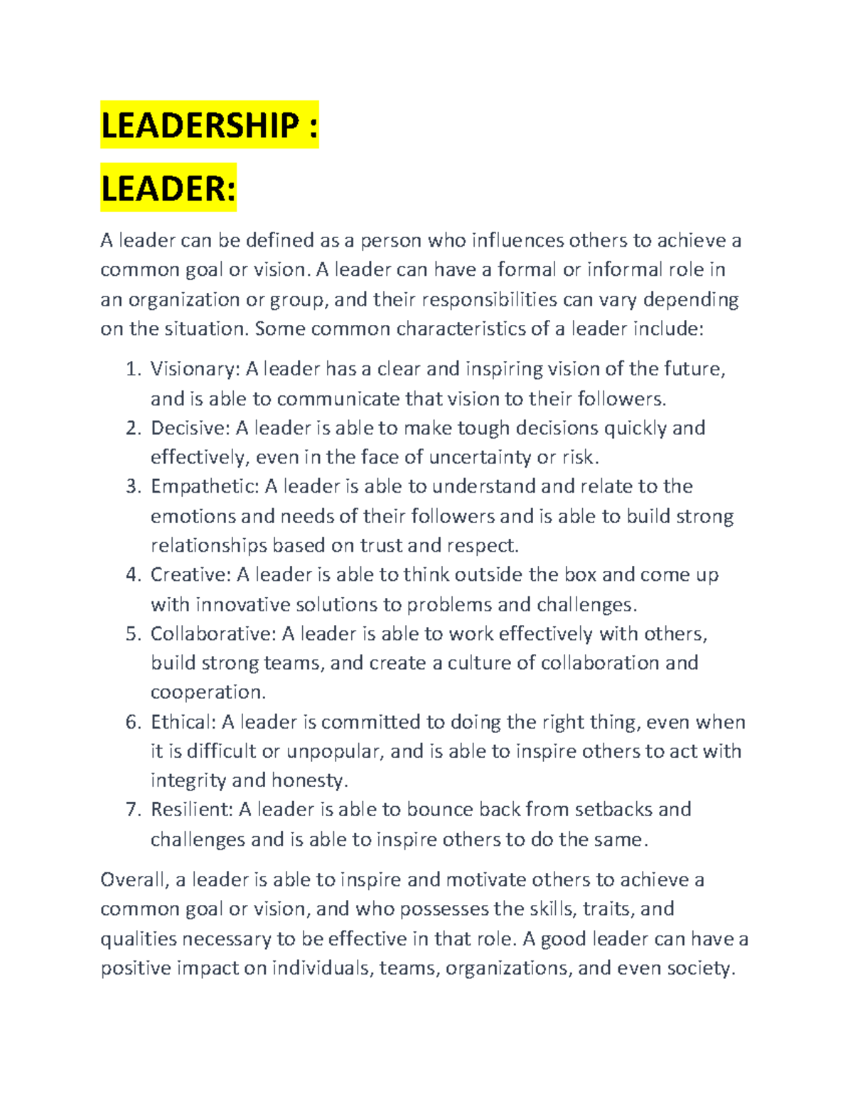 Chapter 10 Leadership AND Styles OF Leadership - LEADERSHIP : LEADER: A ...