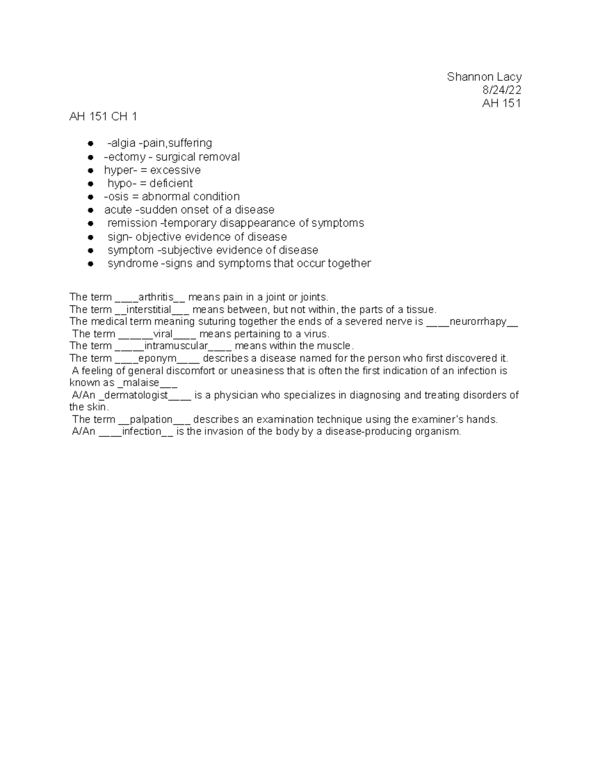 medical terminology assignment 1