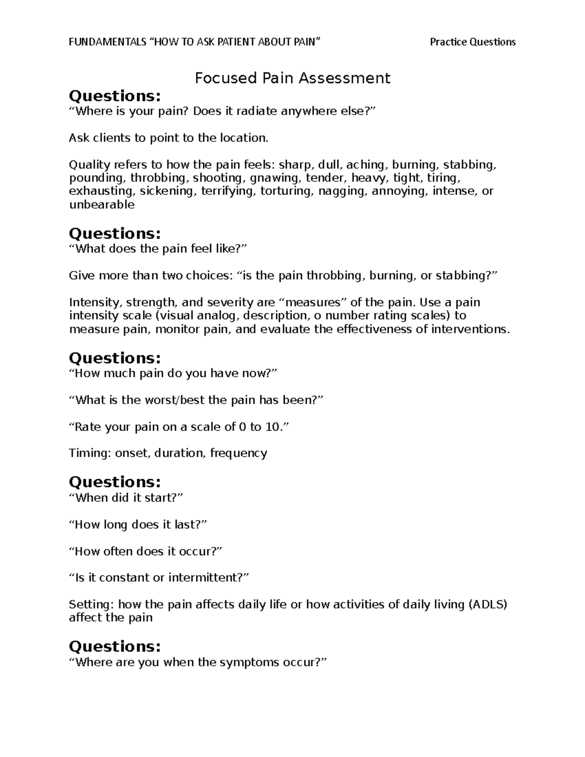 Focused Pain Assessment Questions - FUNDAMENTALS “HOW TO ASK PATIENT ...