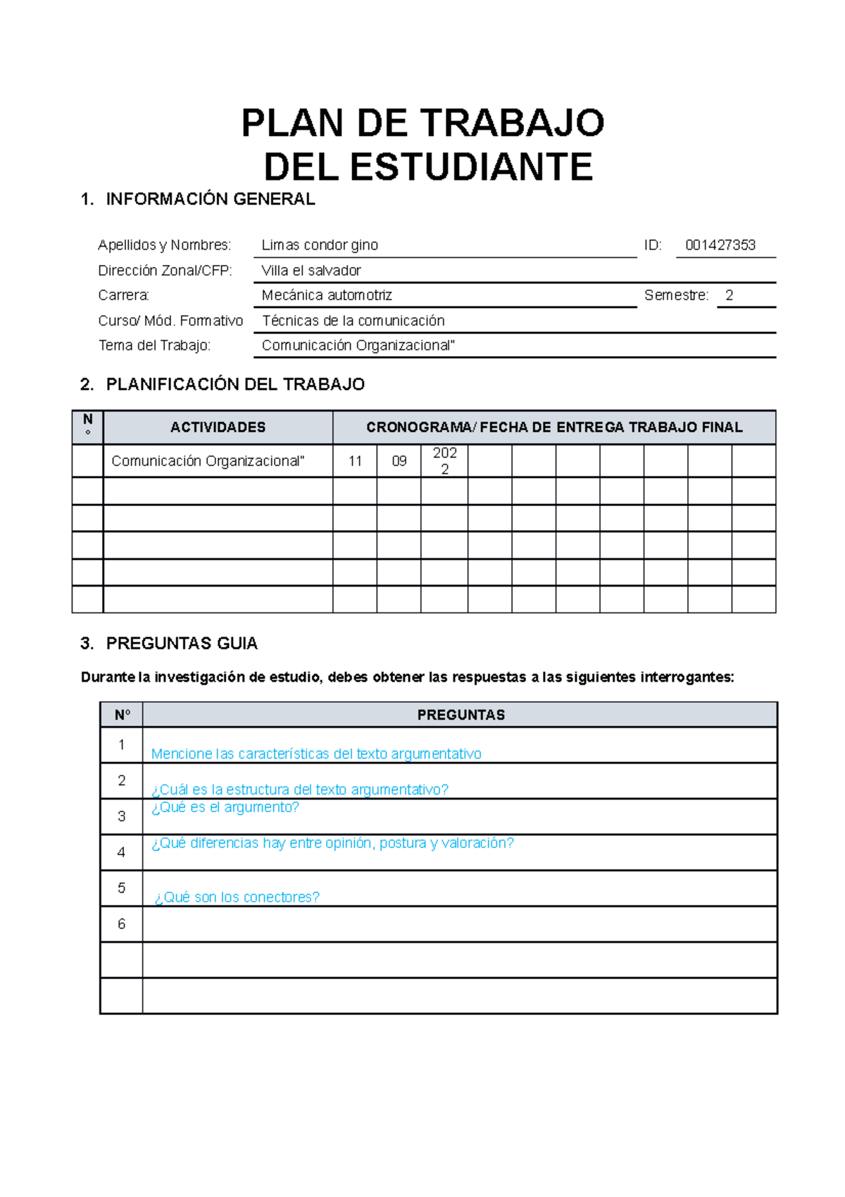 PLAN DE Trabajo - yjtyjtyujkuilul8l8 - PLAN DE TRABAJO DEL ESTUDIANTE 1 ...