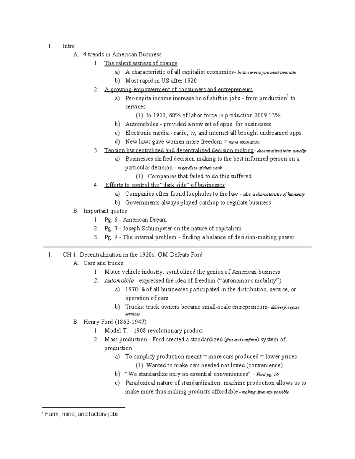 American Business Since 1920 Notes - I. Intro A. 4 Trends In American 