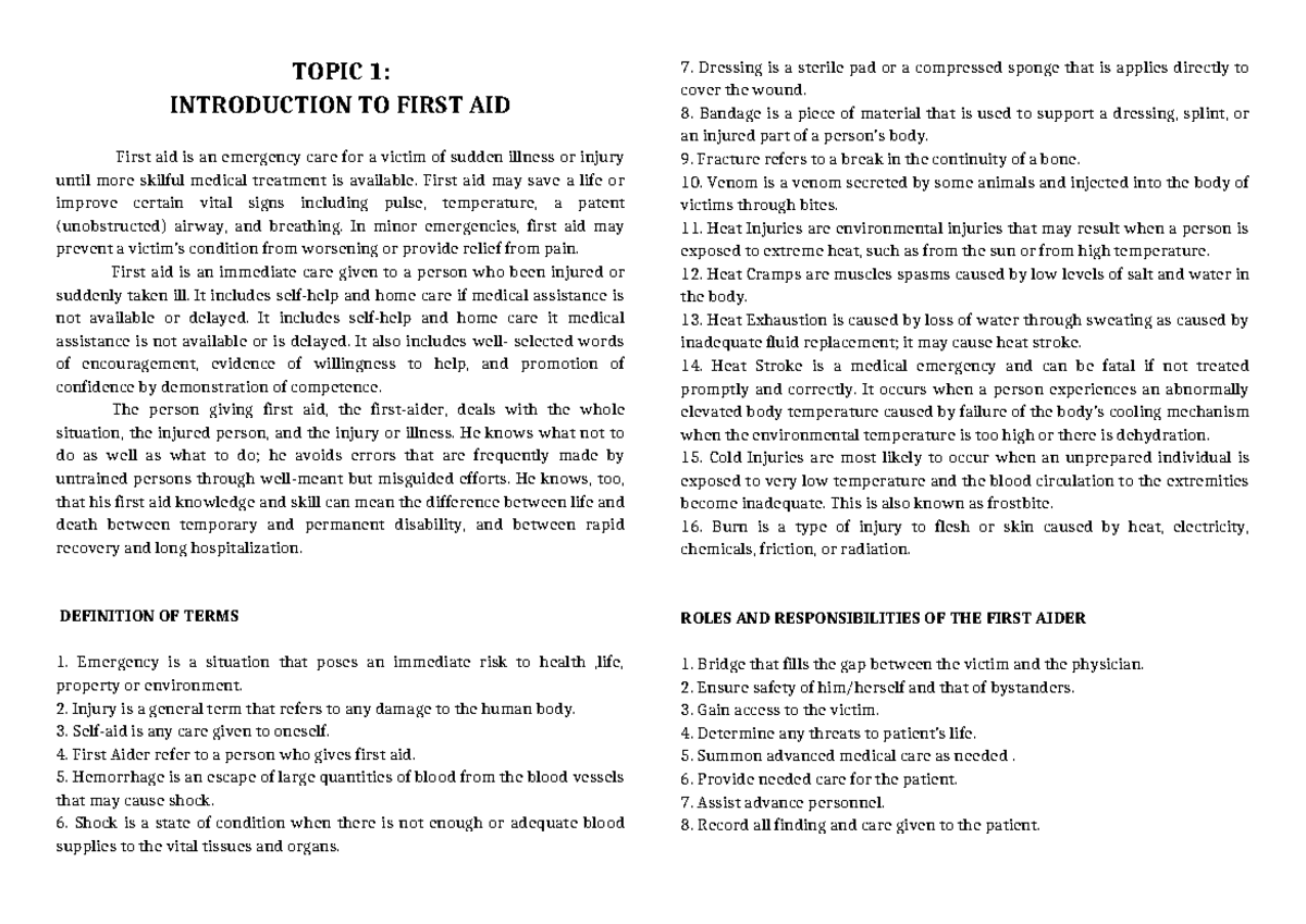 Outlined- Lecture - FIRST AID NOTES - TOPIC 1: INTRODUCTION TO FIRST ...