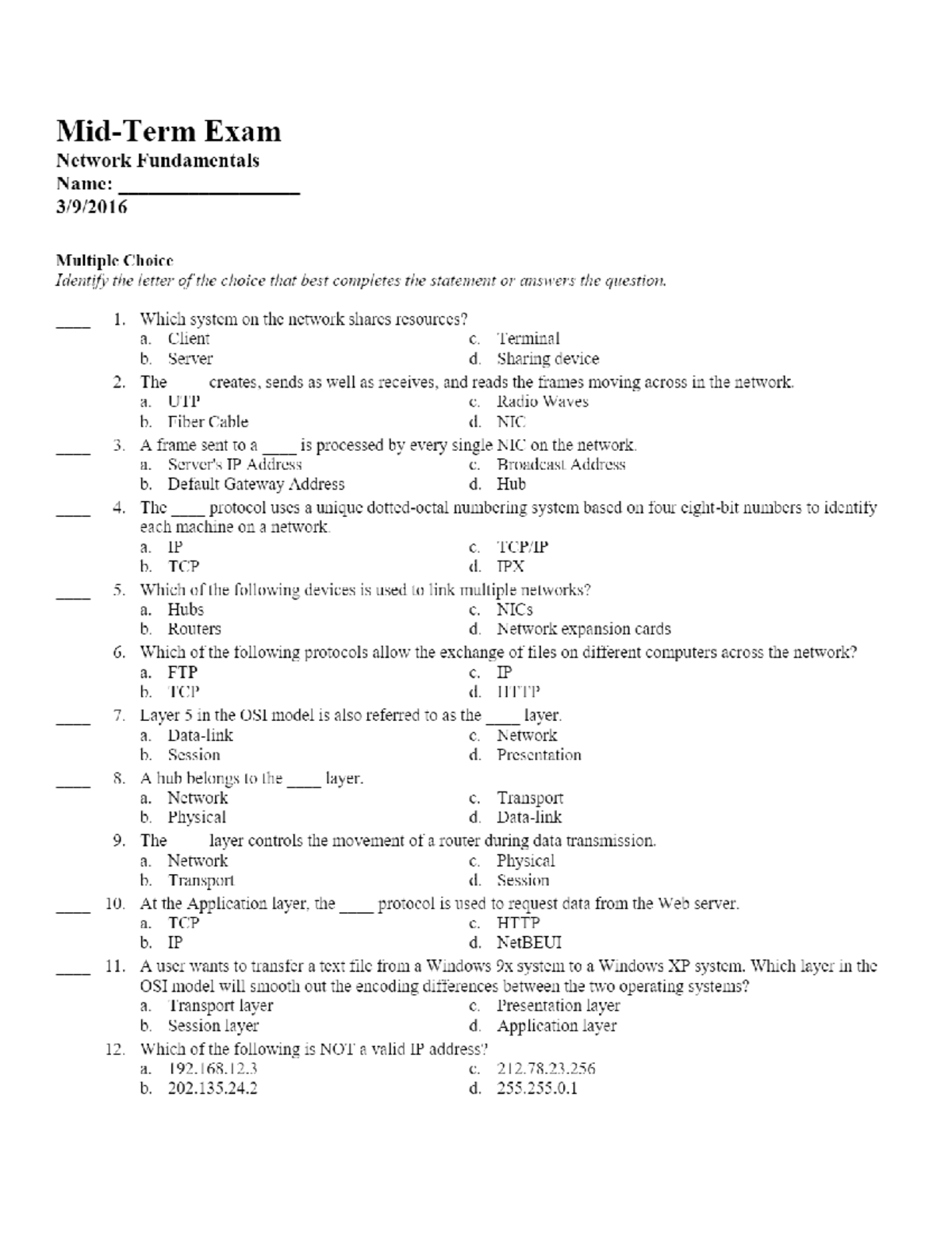 Network Fundamentals MidTerm Exam network Studocu
