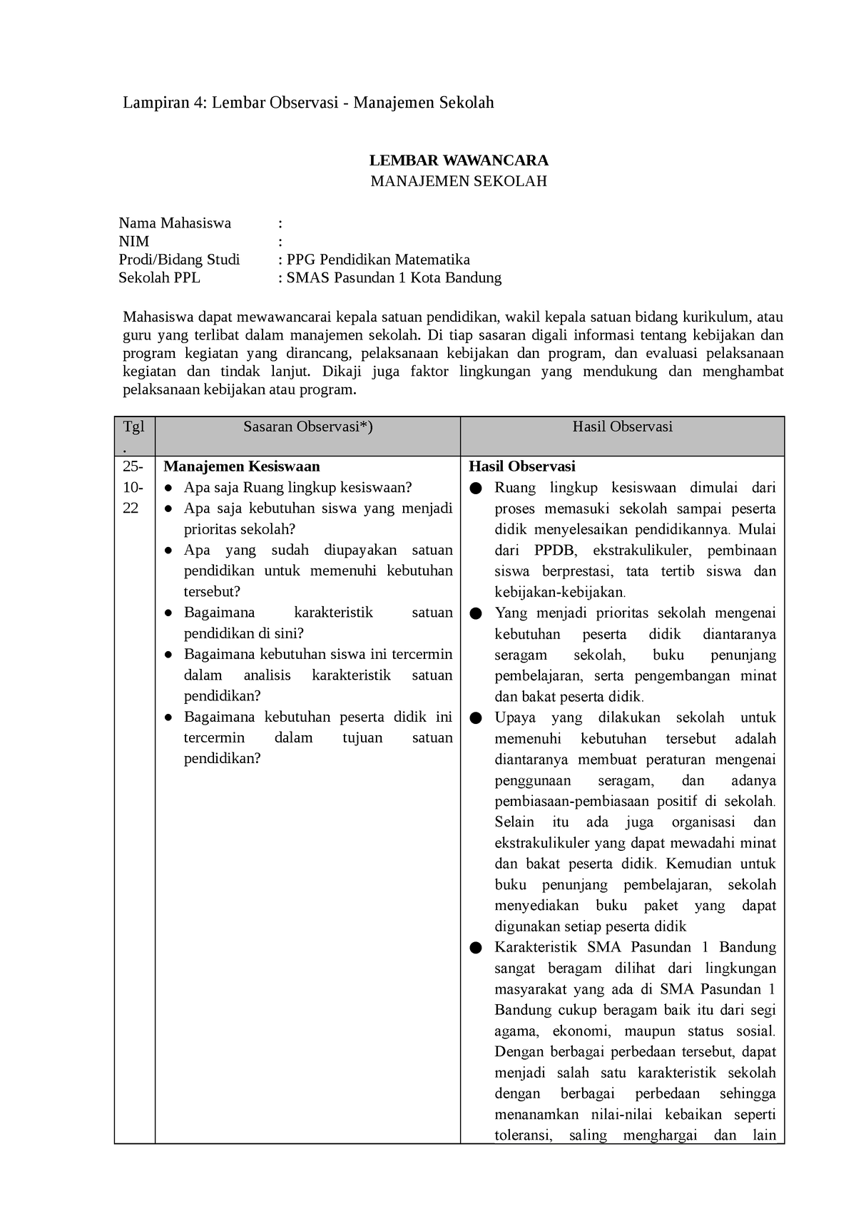Laporan Observasi Manajemen Sekolah - Lampiran 4: Lembar Observasi ...