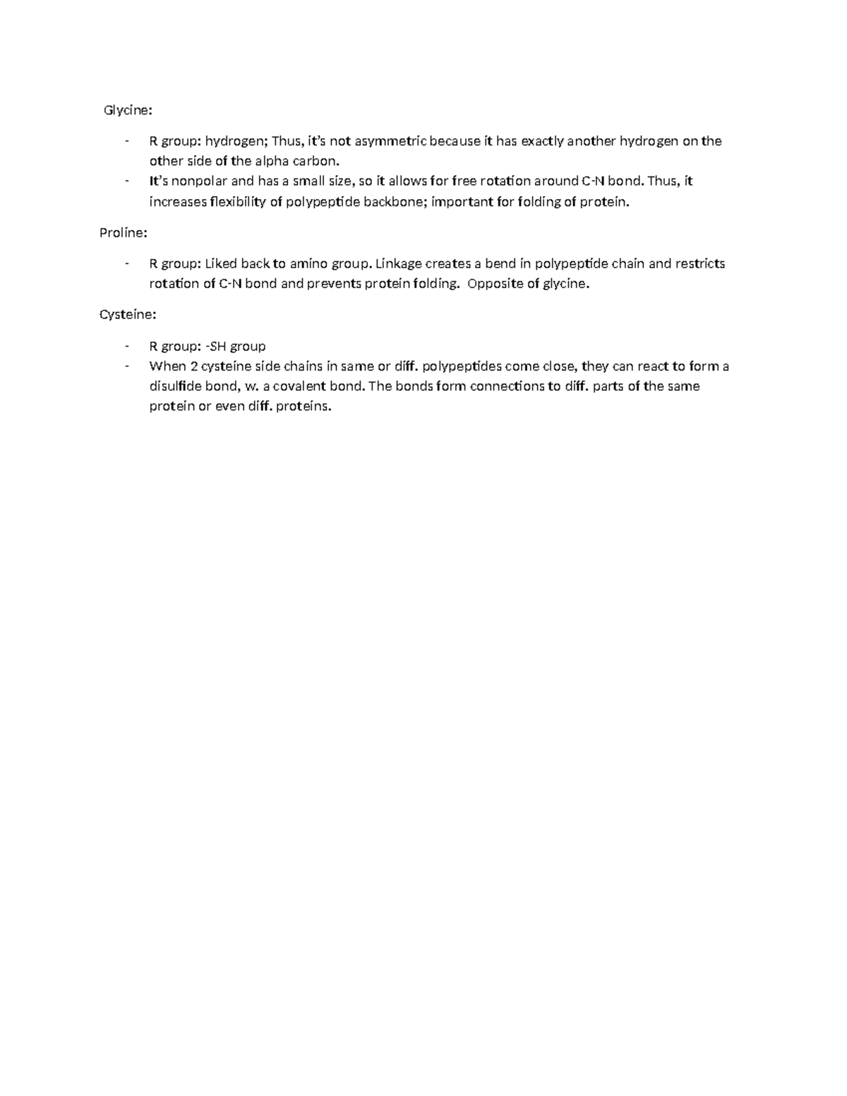 20 Amino acids what and why - Glycine: - R group: hydrogen; Thus, it’s ...