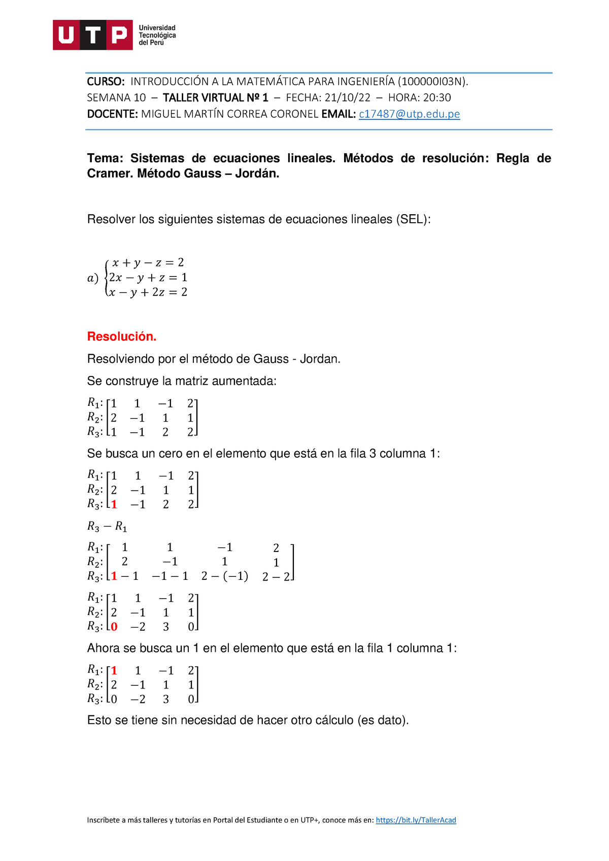 Sem 10 - Taller 1 - Apuntes - CURSO: INTRODUCCI”N A LA MATEM¡TICA PARA ...