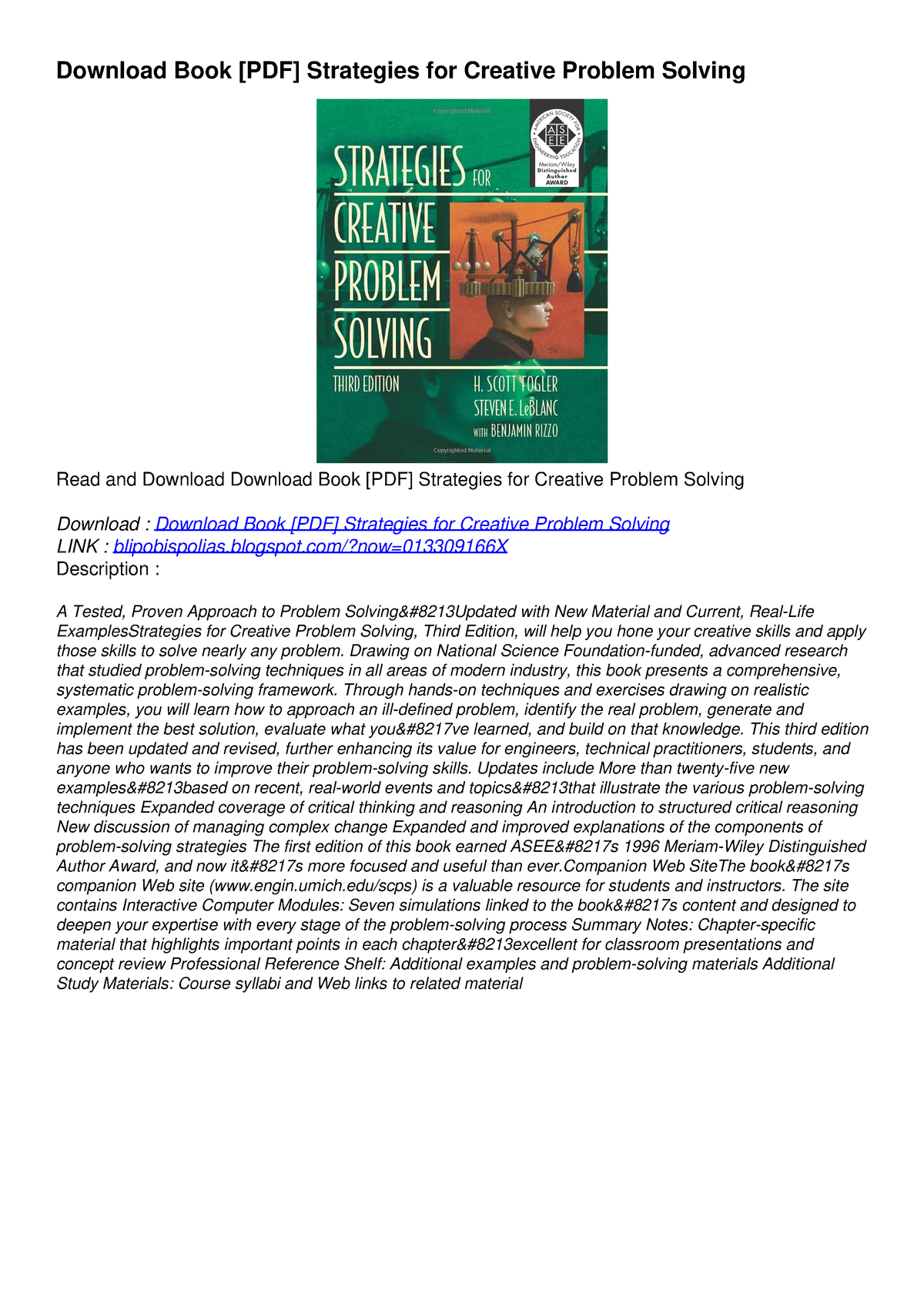 strategies for creative problem solving fogler pdf