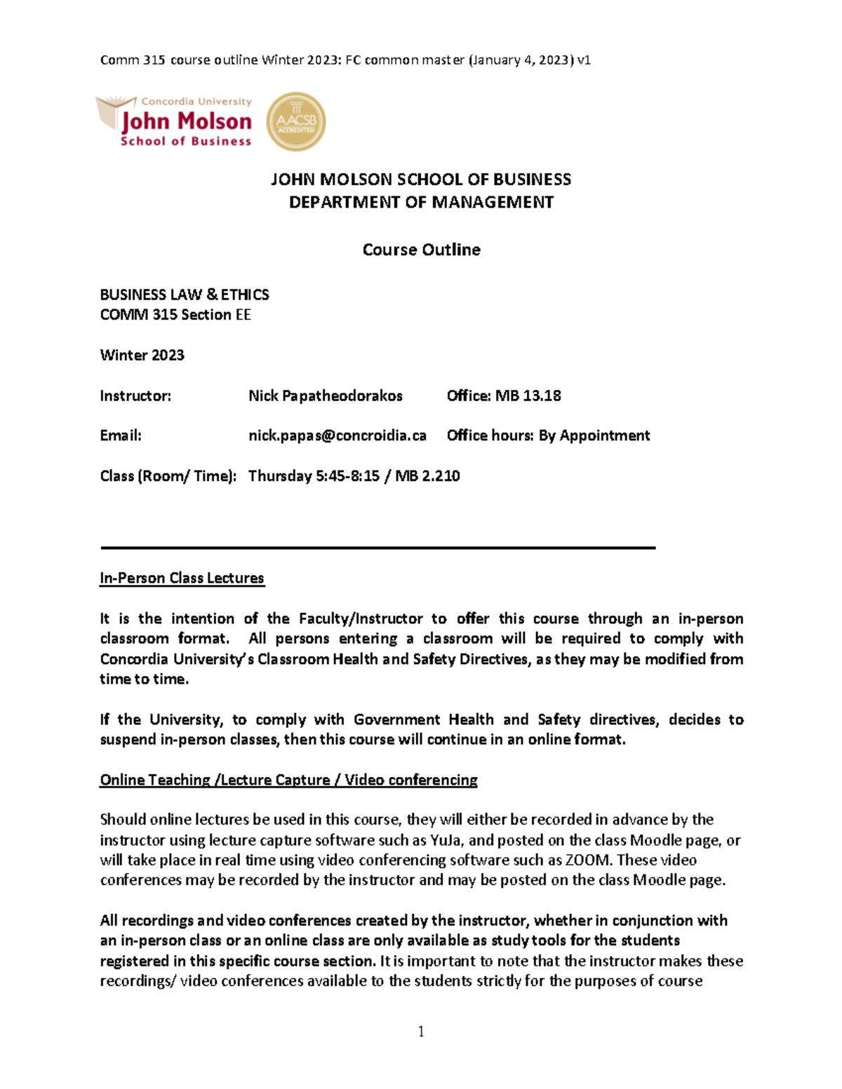 COMM 315 EE Winter 2023 Outline - JOHN MOLSON SCHOOL OF BUSINESS ...