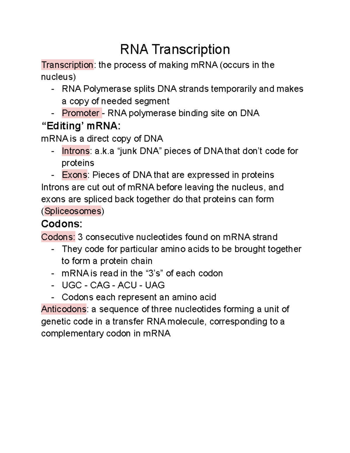 RNA Transcription - Notes you can use if you need help or just want ...