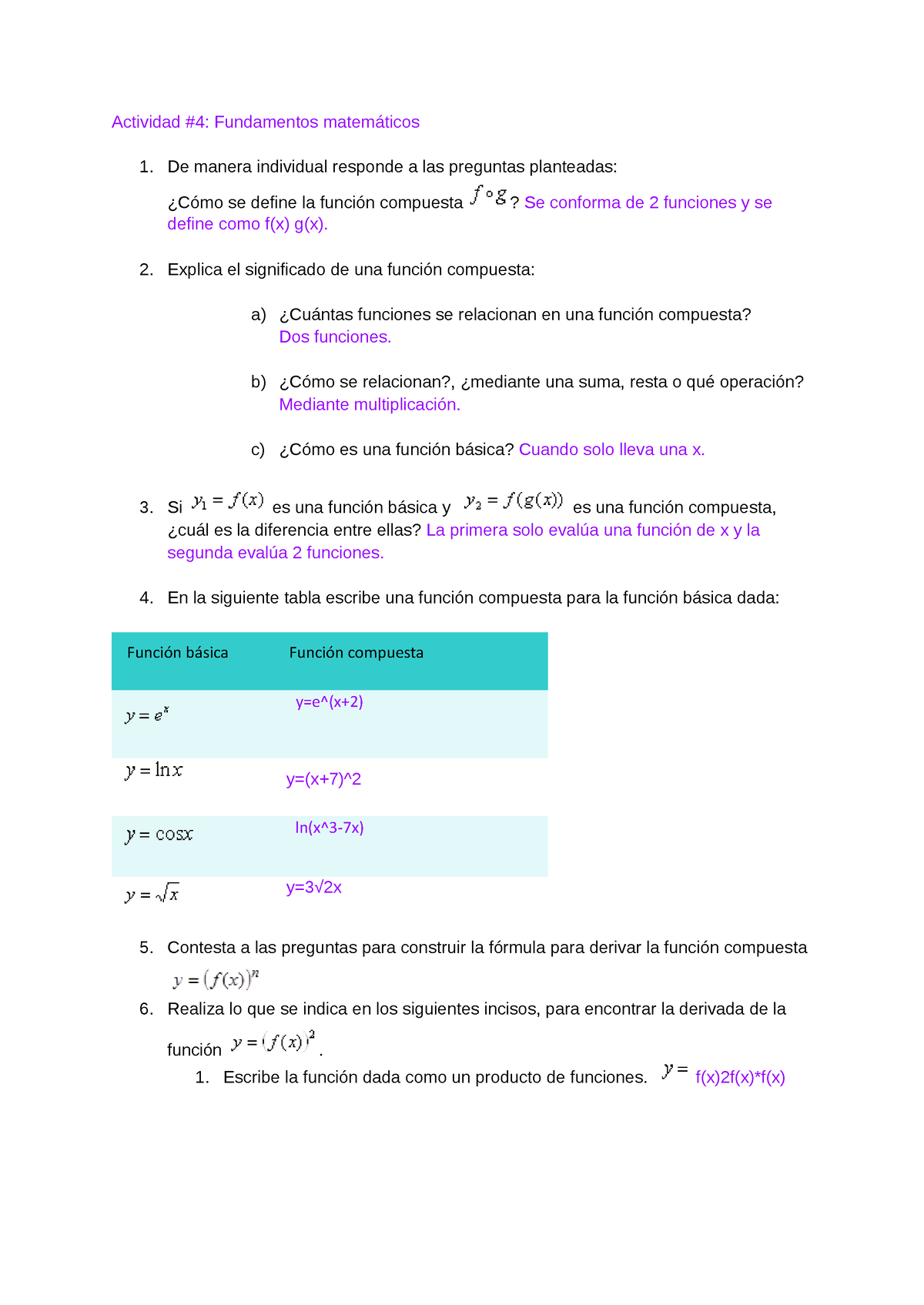 Actividad 4 Fundamentos Matemáticos Yex2 Función Básica Función Compuesta Lnx3 7x 0687