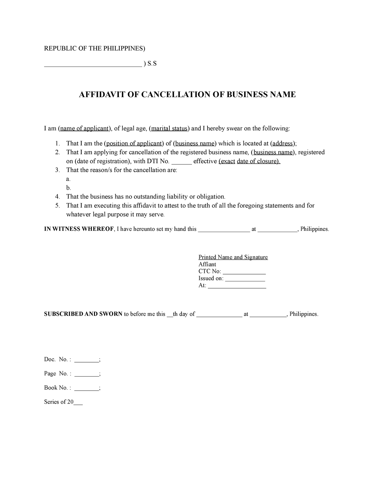 Affidavit of the Cancellation of The Registered Business Name ...