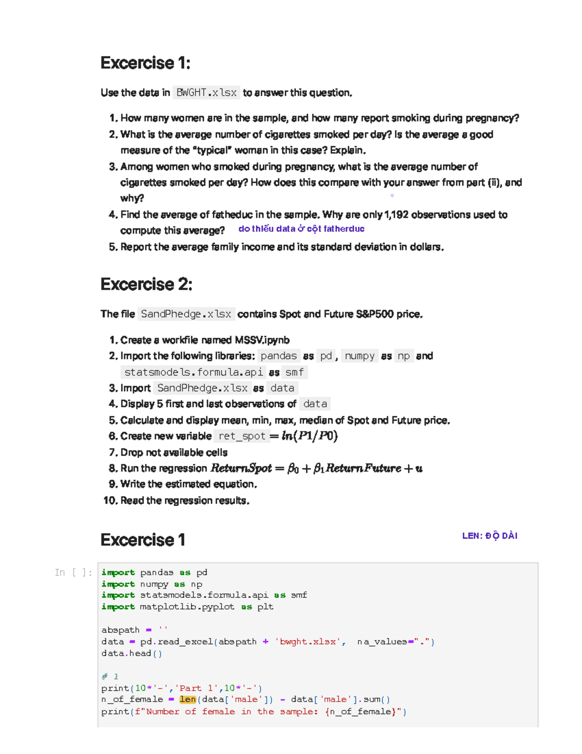 Class 02 Single Regression - Excercise 1: Use the data in BWGHT to ...