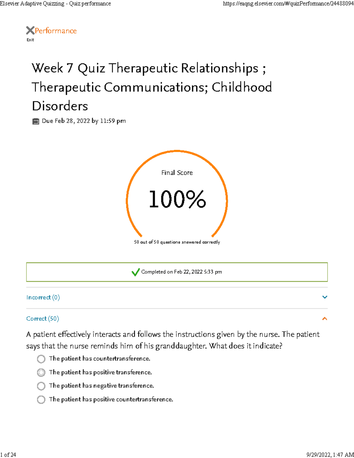 adaptive quizzes Exit Performance Week 7 Quiz Therapeutic