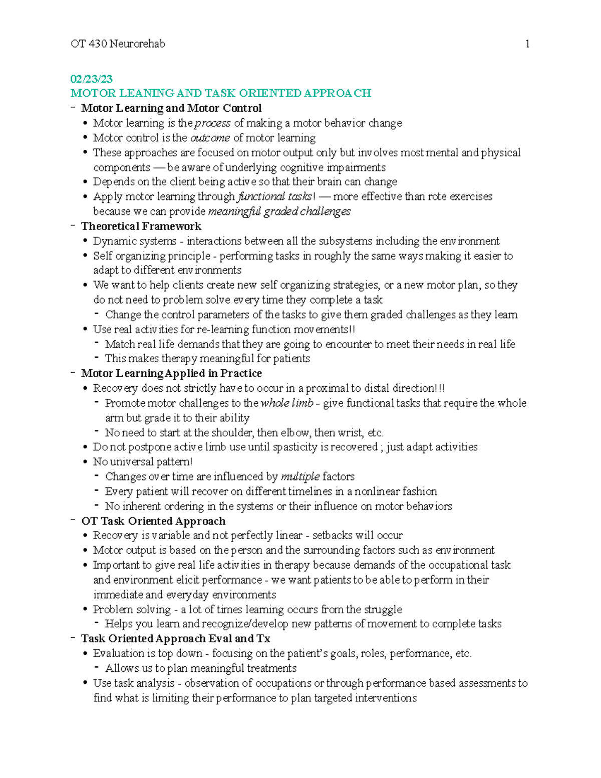 Week 6 Notes : - OT 430 Neurorehab 1 02/23/ MOTOR LEANING AND TASK ...