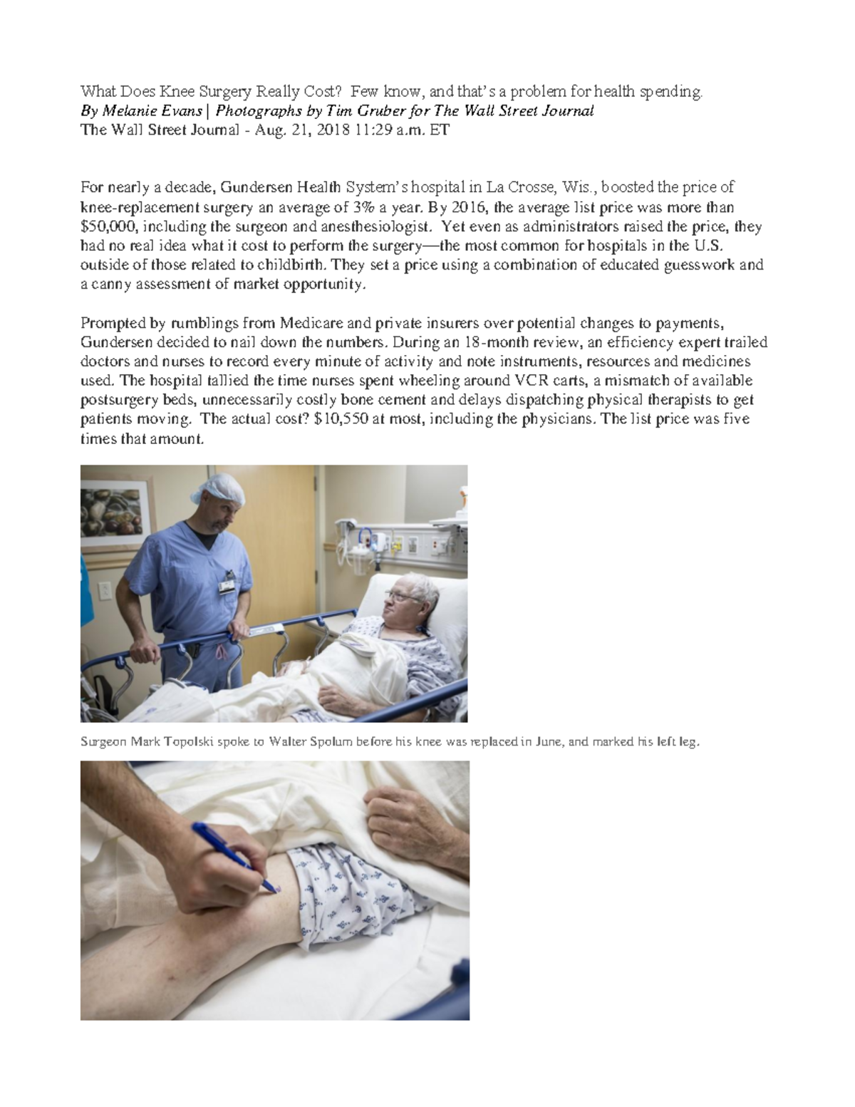 Article WSJ What Does Knee Surgery Really Cost PDF What Does