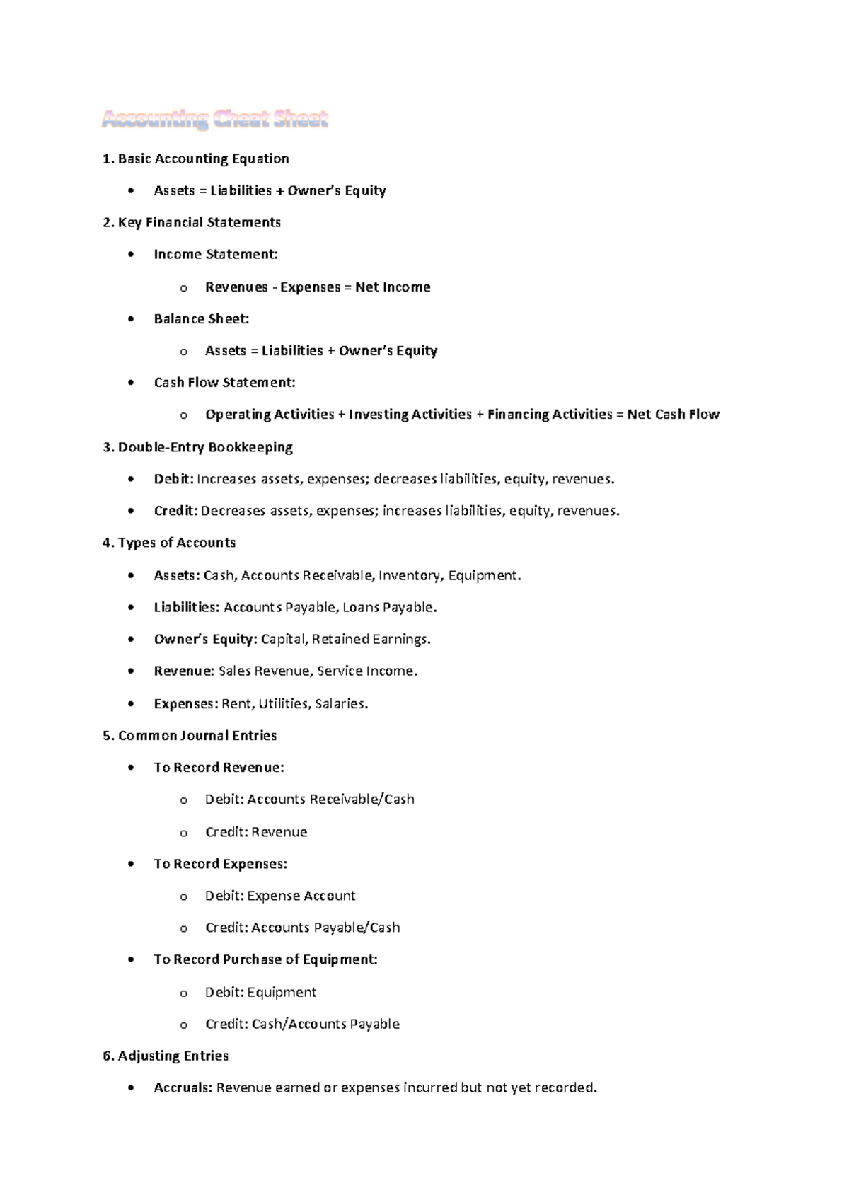 Accounting Cheat Sheet - Basic Accounting Equation • Assets ...