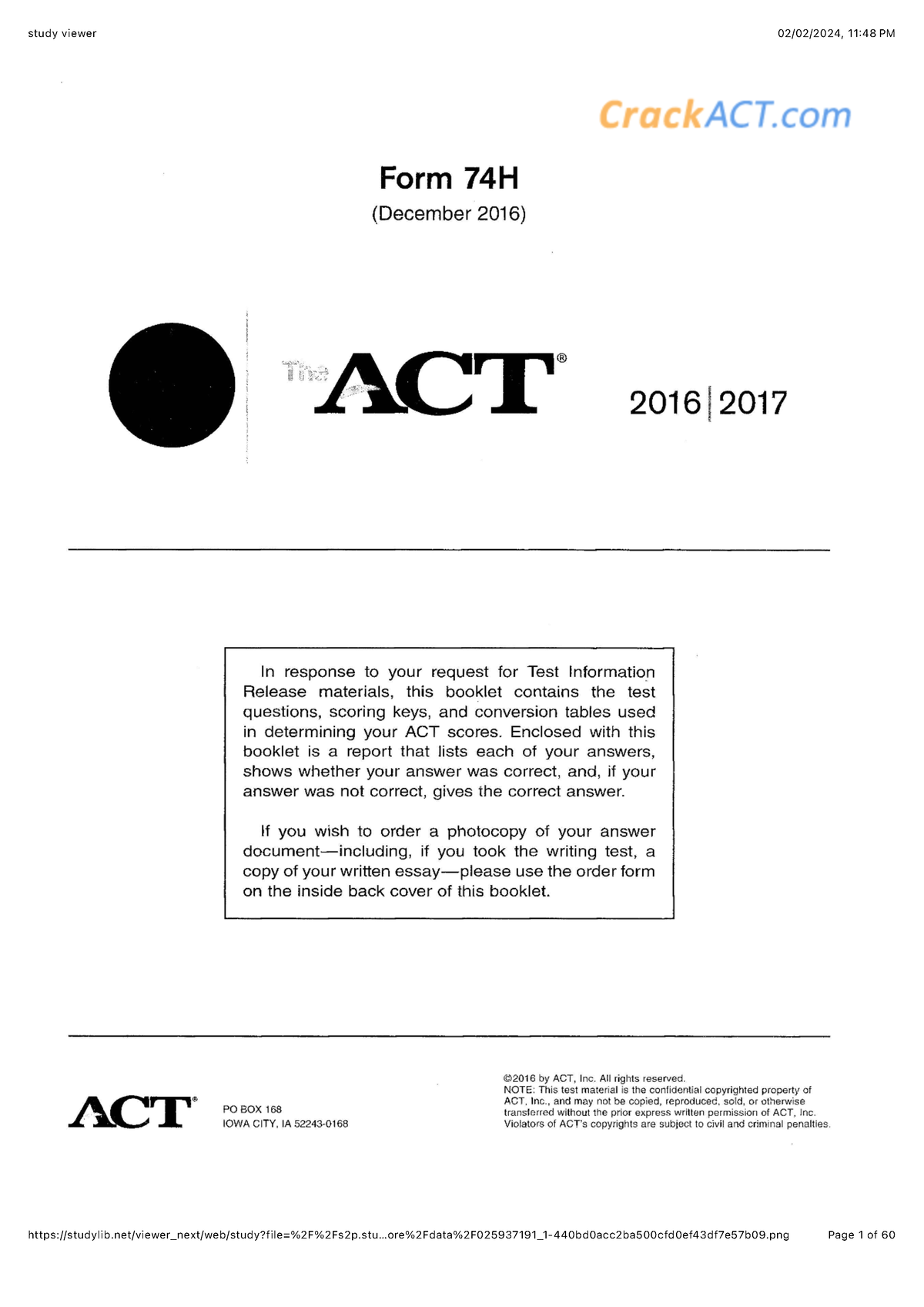 ACT 2016 12 Form 74H Zewkbh Studylib viewer next web study Page 1