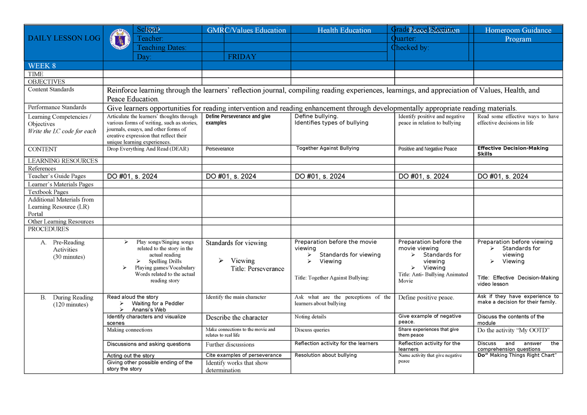 CATCH UP FRISAY - WEEK 8 NRP GMRC/Values Education Health Education ...