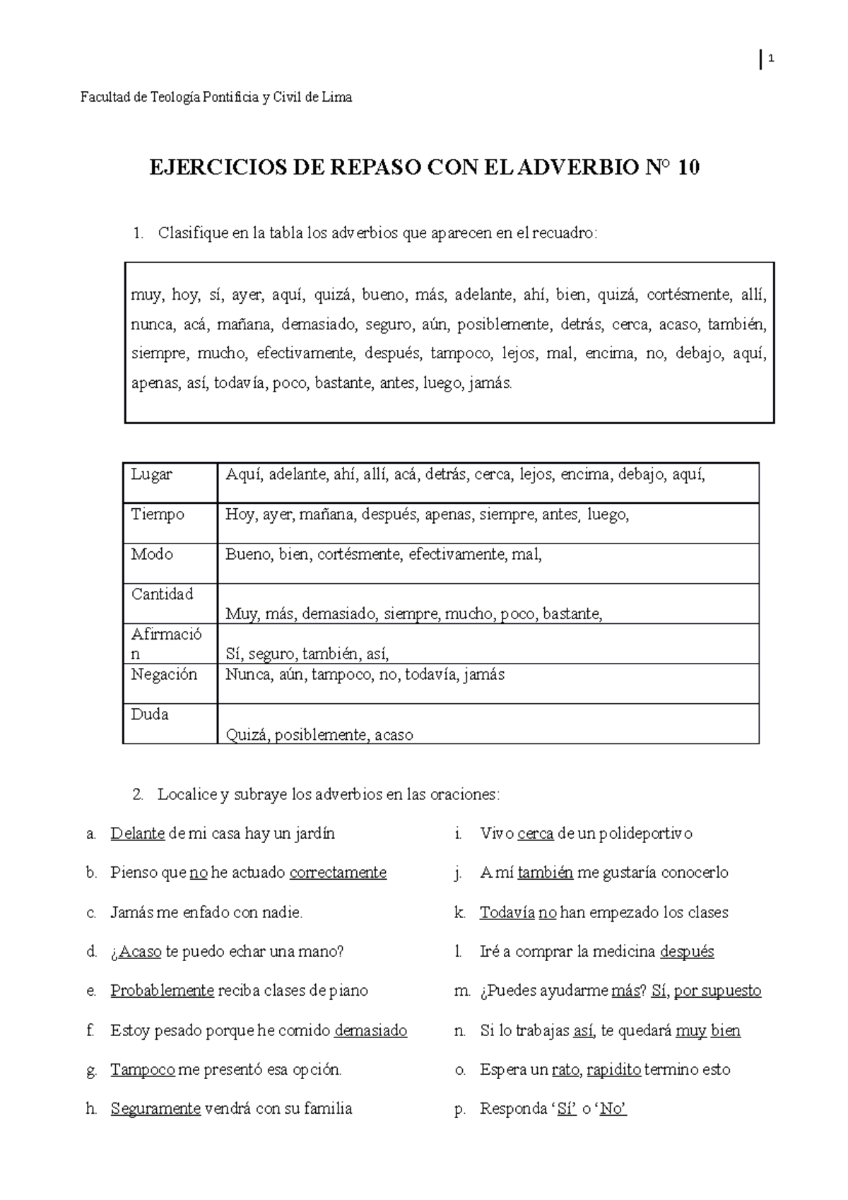 Ejercicios DE Repaso CON EL Adverbio - 1 Facultad De Teología ...