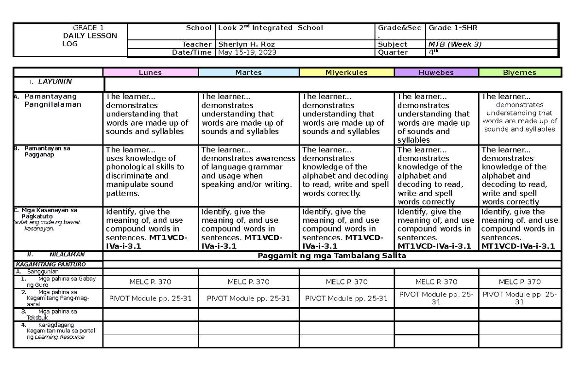 Q4 DLL MTB-MLE WEEK-3 - dll - GRADE 1 DAILY LESSON LOG School Look 2nd ...
