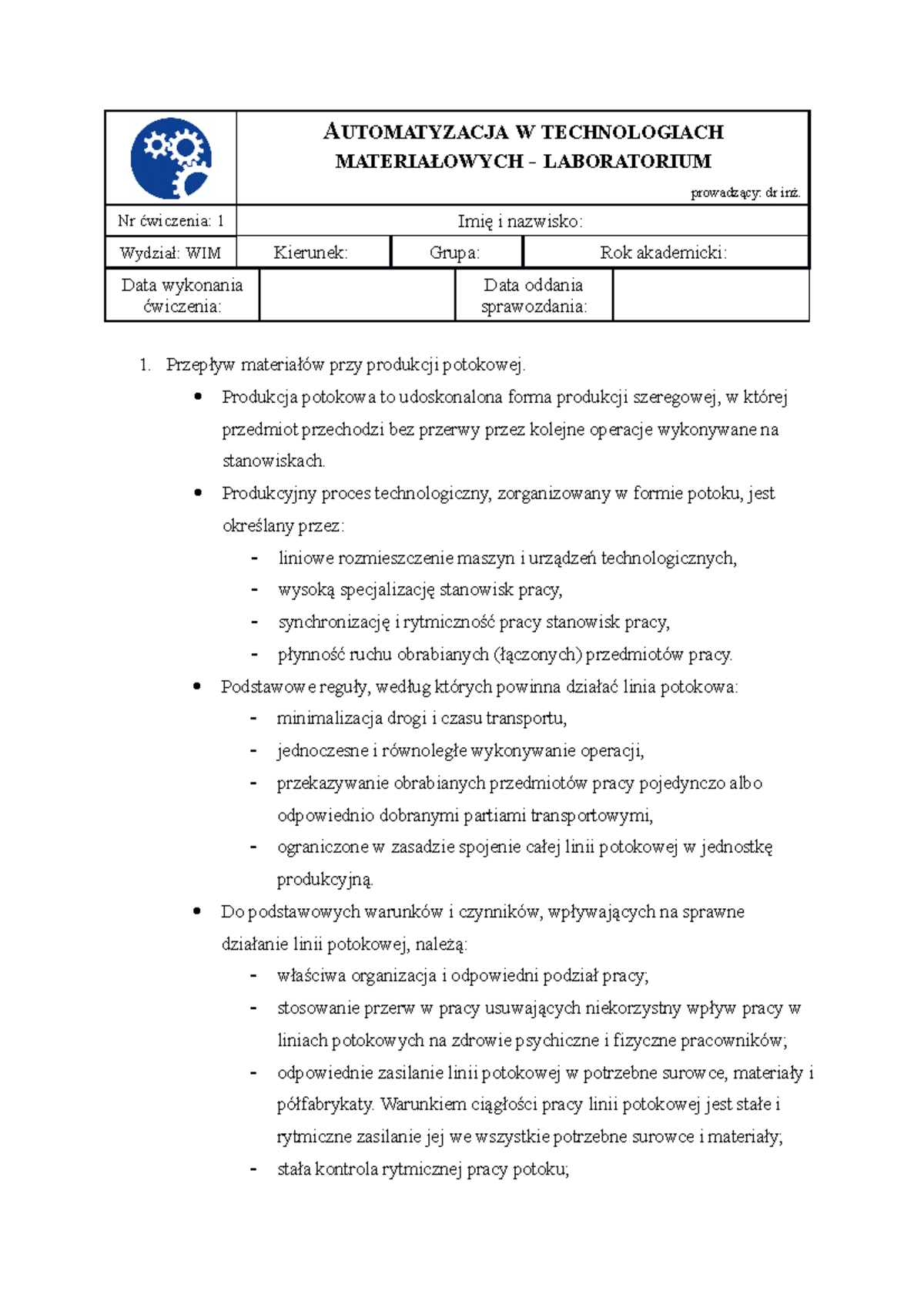 Sprawozdanie Nr 1 - AUTOMATYZACJA W TECHNOLOGIACH MATERIAŁOWYCH ...