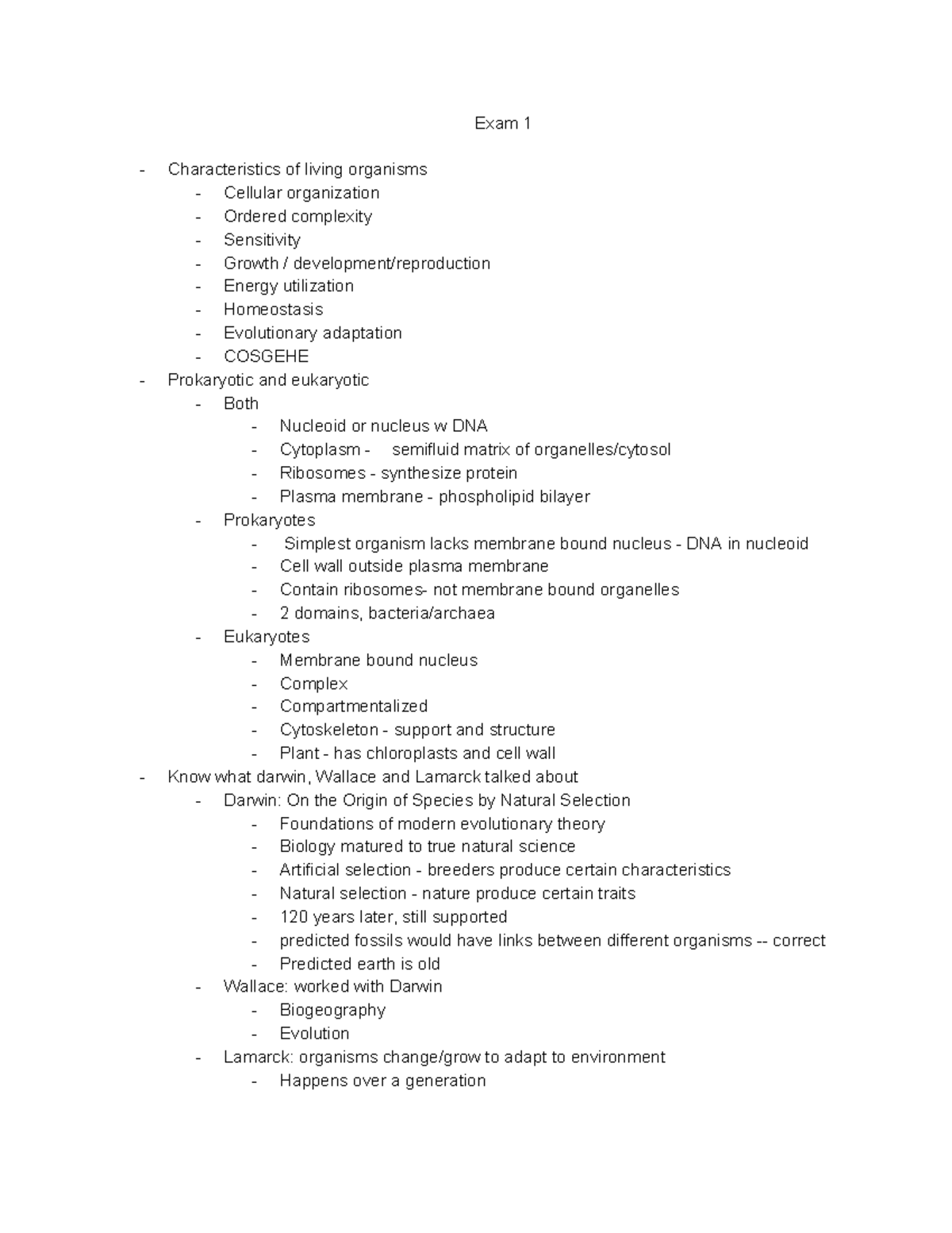 Exam 1 Study Guide - Exam 1 Characteristics Of Living Organisms ...