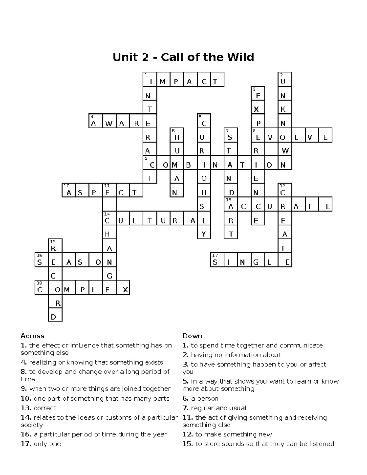Crosswords For English Unit 2 Call of the Wild 1 I M P A C T 2 U N