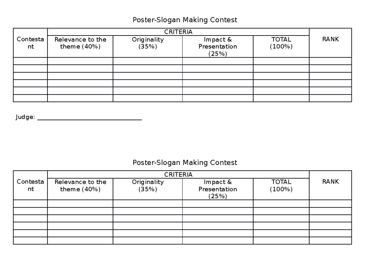 Criteria ART arts PosterSlogan Making Contest Contesta nt CRITERIA Relevance to the RANK