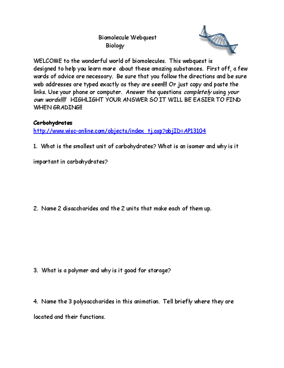 Carb+and+Lipid+assignment Biomolecule quest Biology to the
