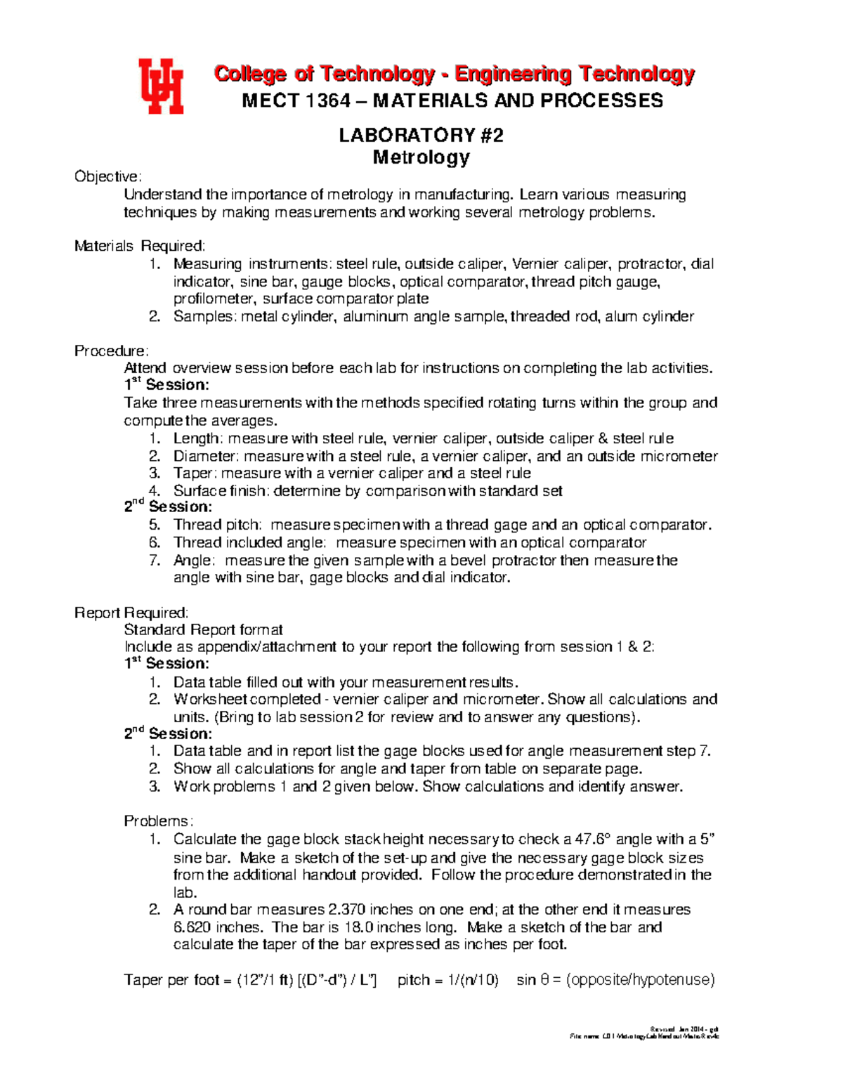 L02 Metrology Lab Handout Copy Set Fall CCCooolllllleeegggeee