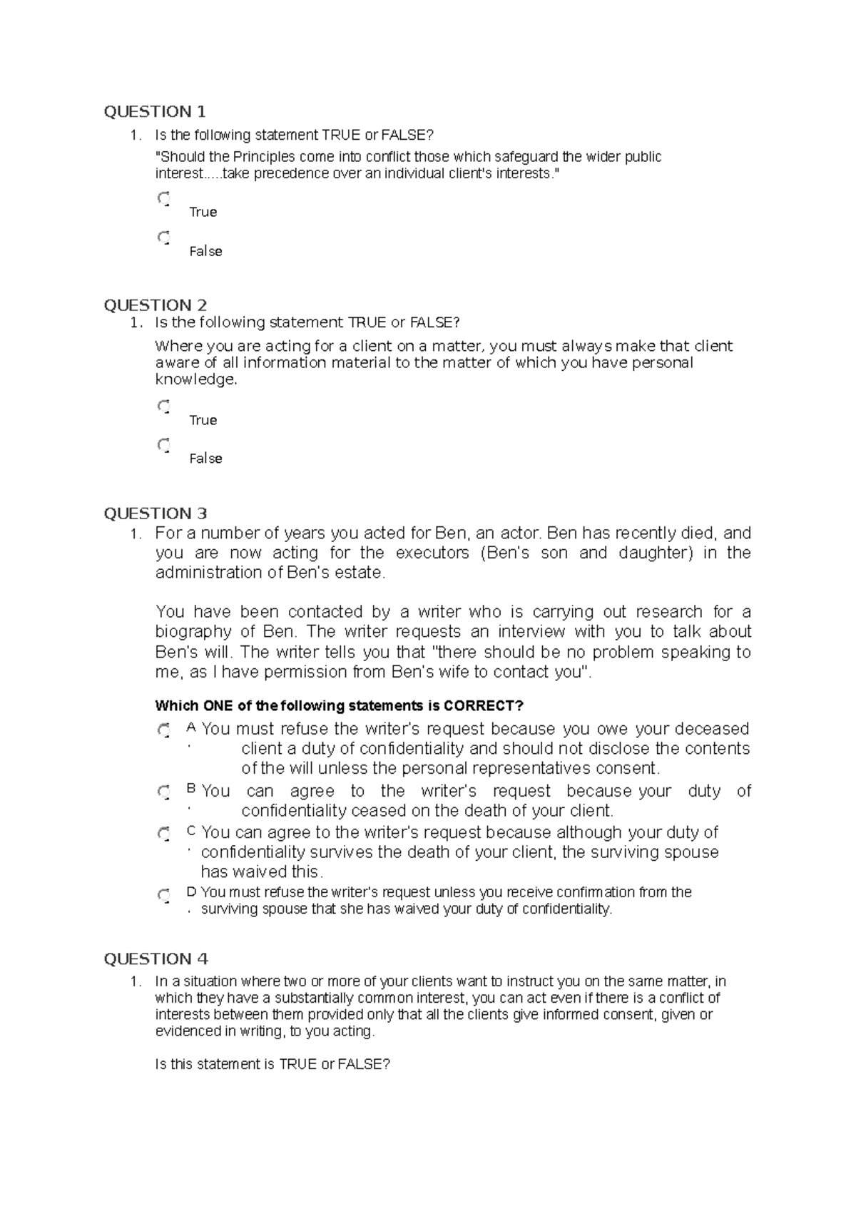 Conduct MCQs - QUESTION 1 Is the following statement TRUE or FALSE ...