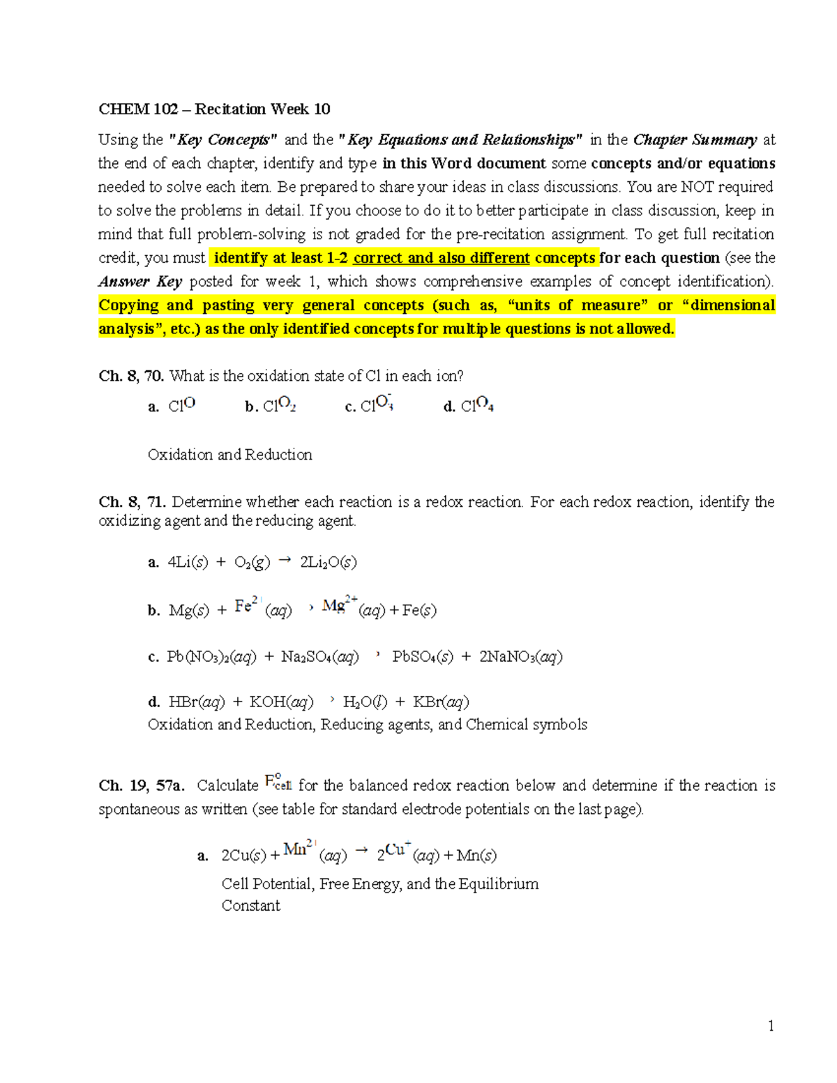 Chem 102 Recitation Week 10 W23 Chem 102 Recitation Week 10 Using
