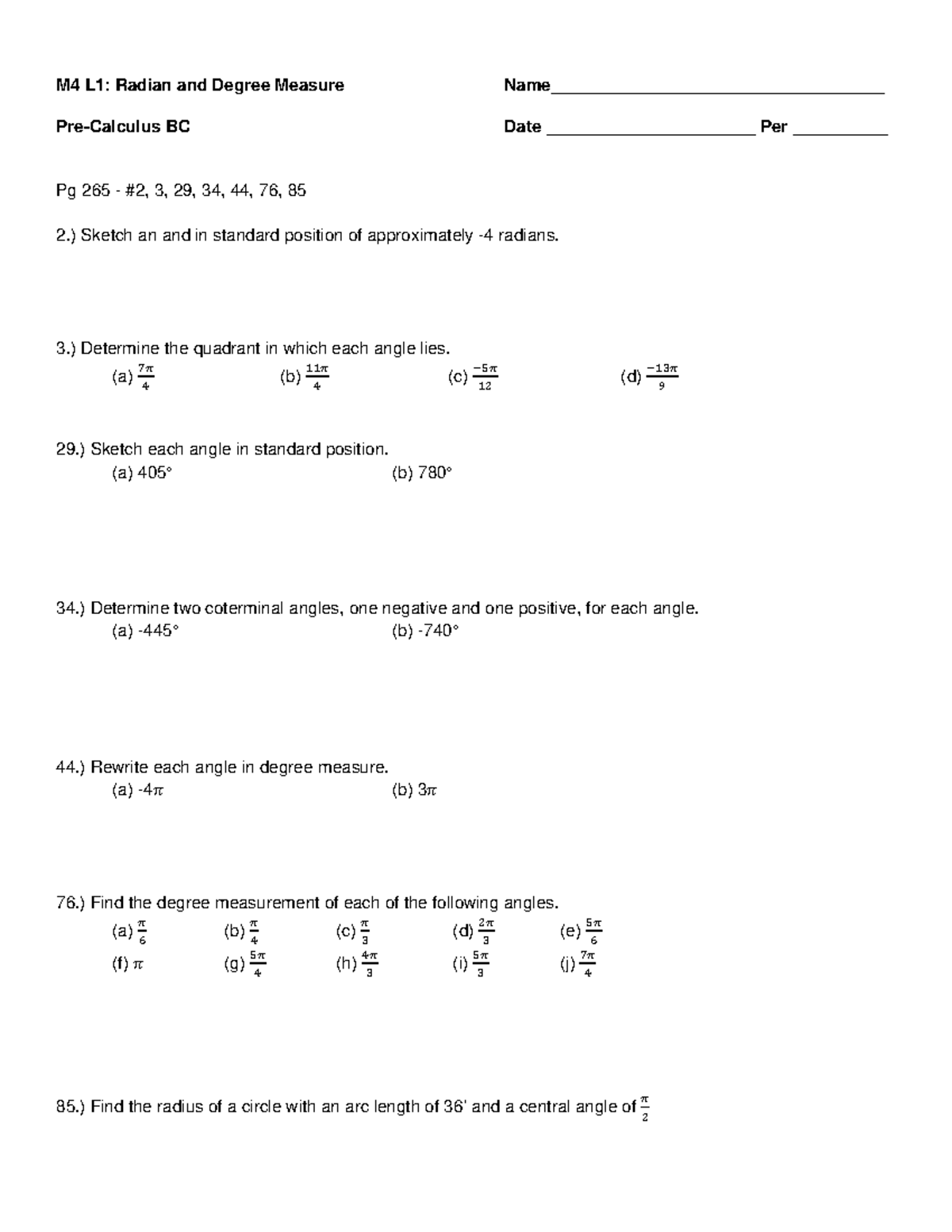 M4L1 Radian and Degree Measure - ) Sketch an and in standard position ...