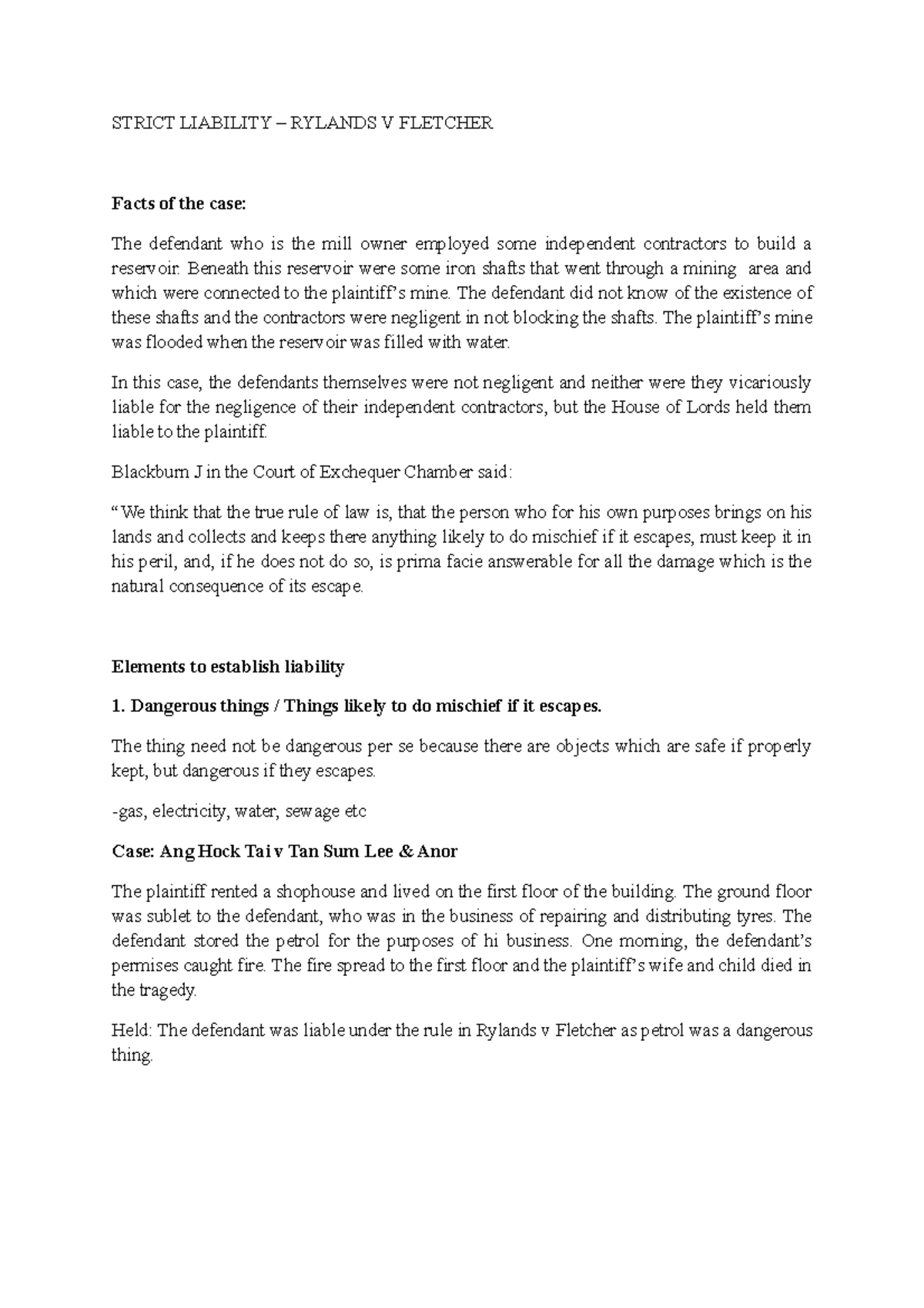 Strict Liability- Rylands V Fletcher - STRICT LIABILITY RYLANDS V ...