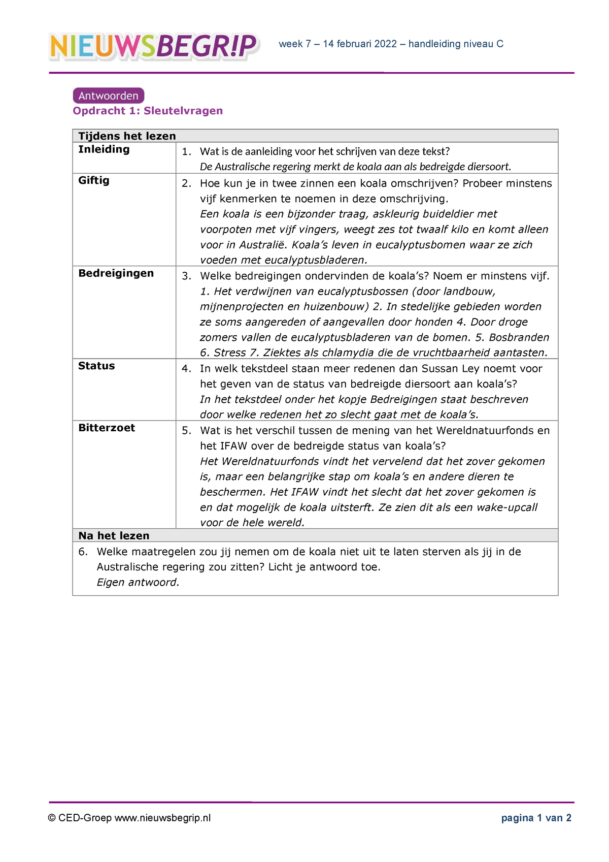 3. Koala - Antwoorden - Vragen Nieuwsbegrip - Week 7 – 14 Februari 2022 ...