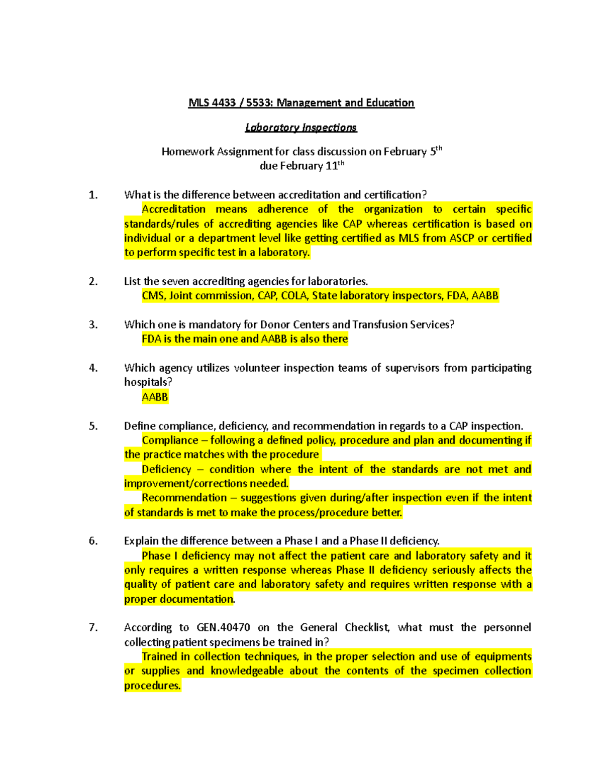 CAP Homework Laboratory Inspections MLS 4433 / 5533 Management and