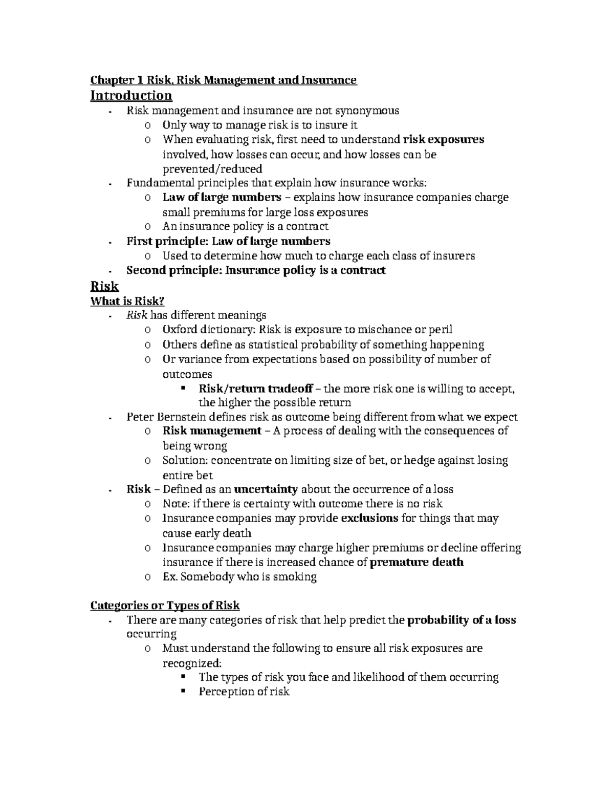 4FR3 Final Notes - Chapter 1 Risk, Risk Management and Insurance ...