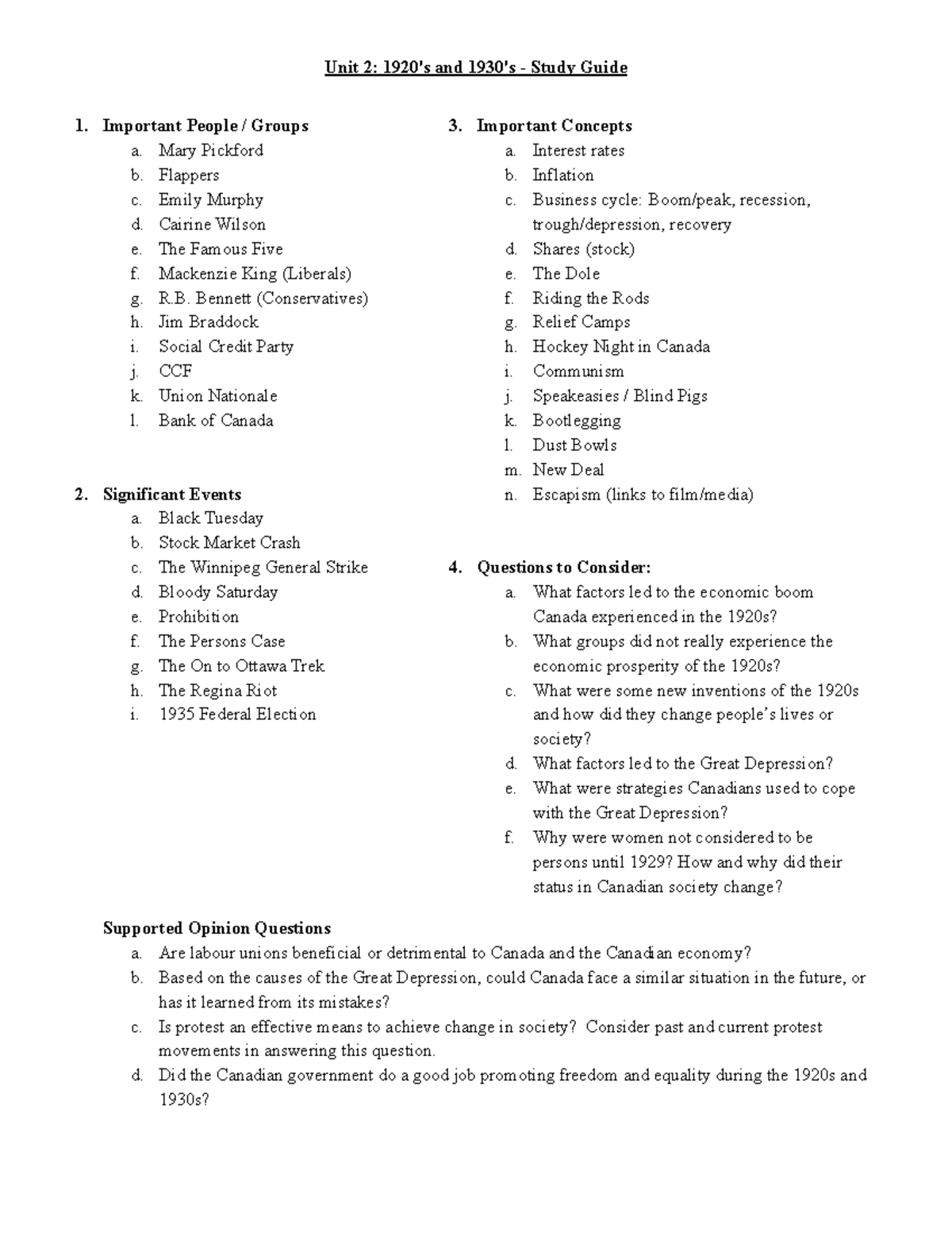 Unit 2 1920's and 1930's - Study Guide - Important People / Groups a ...