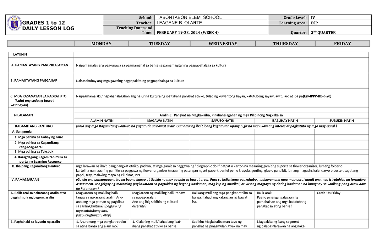 Dll Esp 4 Q3 W4 Daily Lesson Log Grades 1 To 12 Daily Lesson Log School Tabontabon Elem 2758