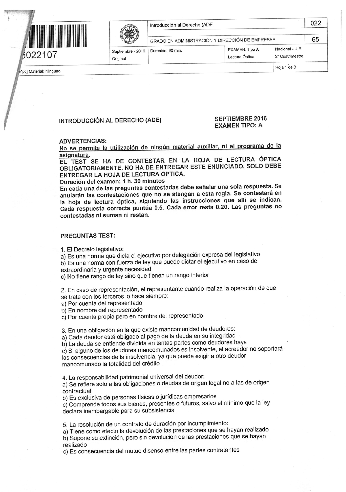 ADE SEPT 2016 - EXAMEN DE Introducción Al Derecho ADE Septiembre 2016 ...