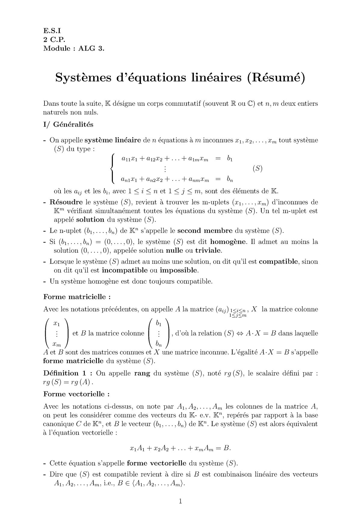 Cours 3 Systèmes D'Equations Linéaires - E.S 2 C. Module : ALG 3. Syst ...