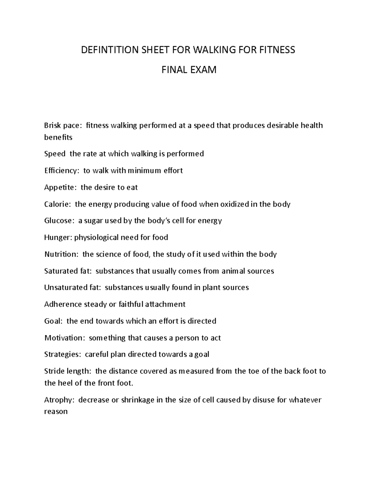 PED 2050 Walking definition sheet final exam - DEFINTITION SHEET FOR ...