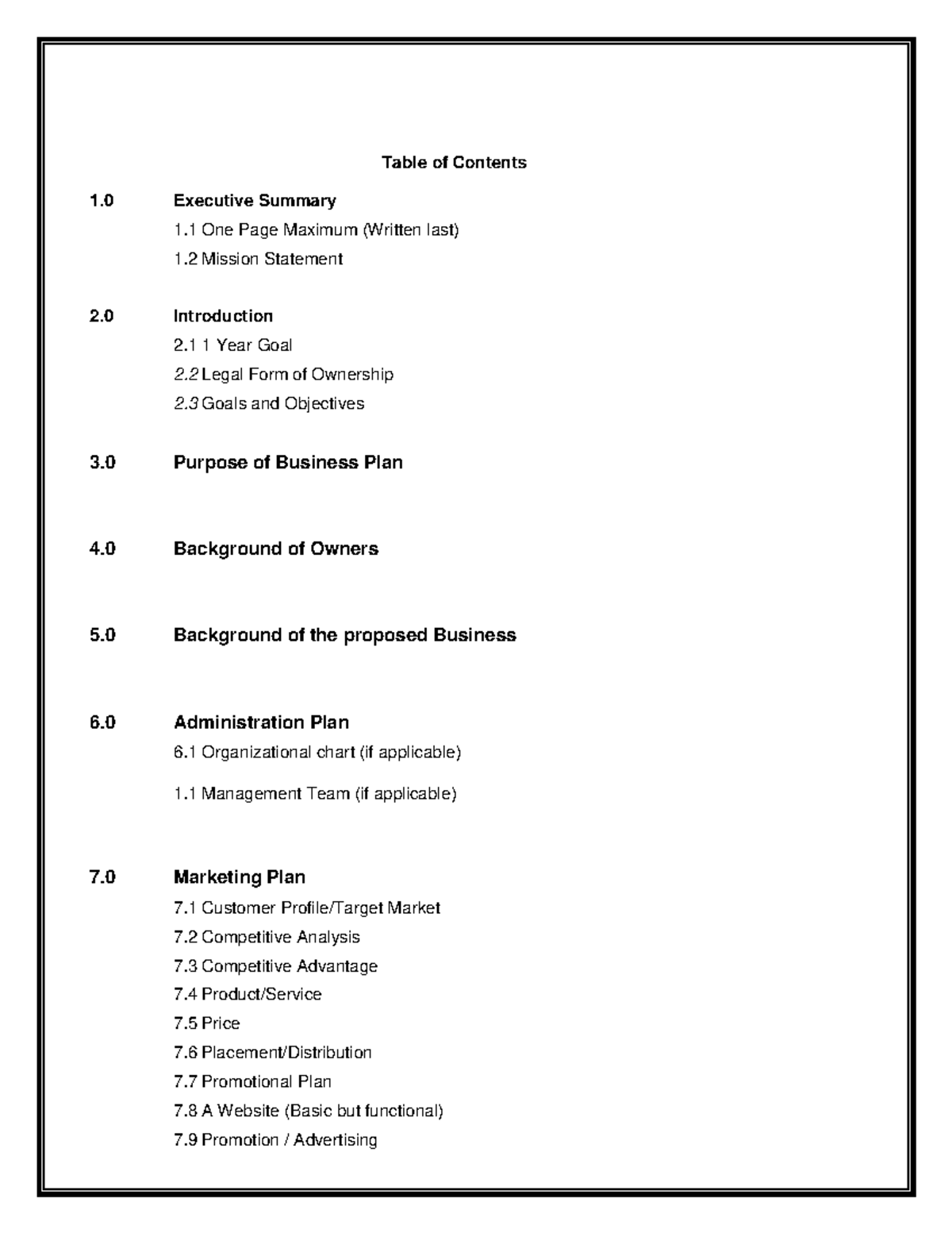 Business plan - Table of Contents 1 Executive Summary 1 One Page ...