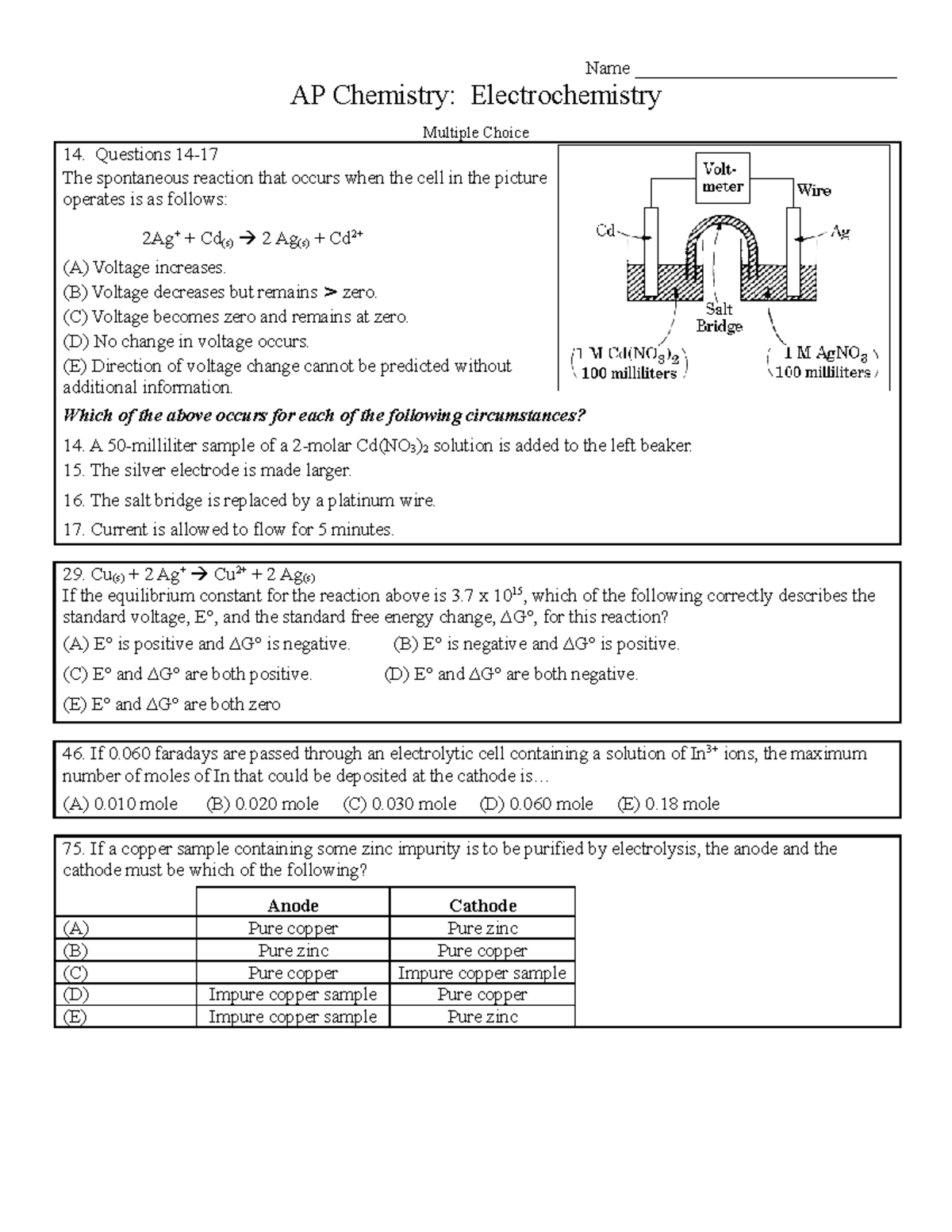 Electrochemistry (AP MC) Name ____________________________ AP