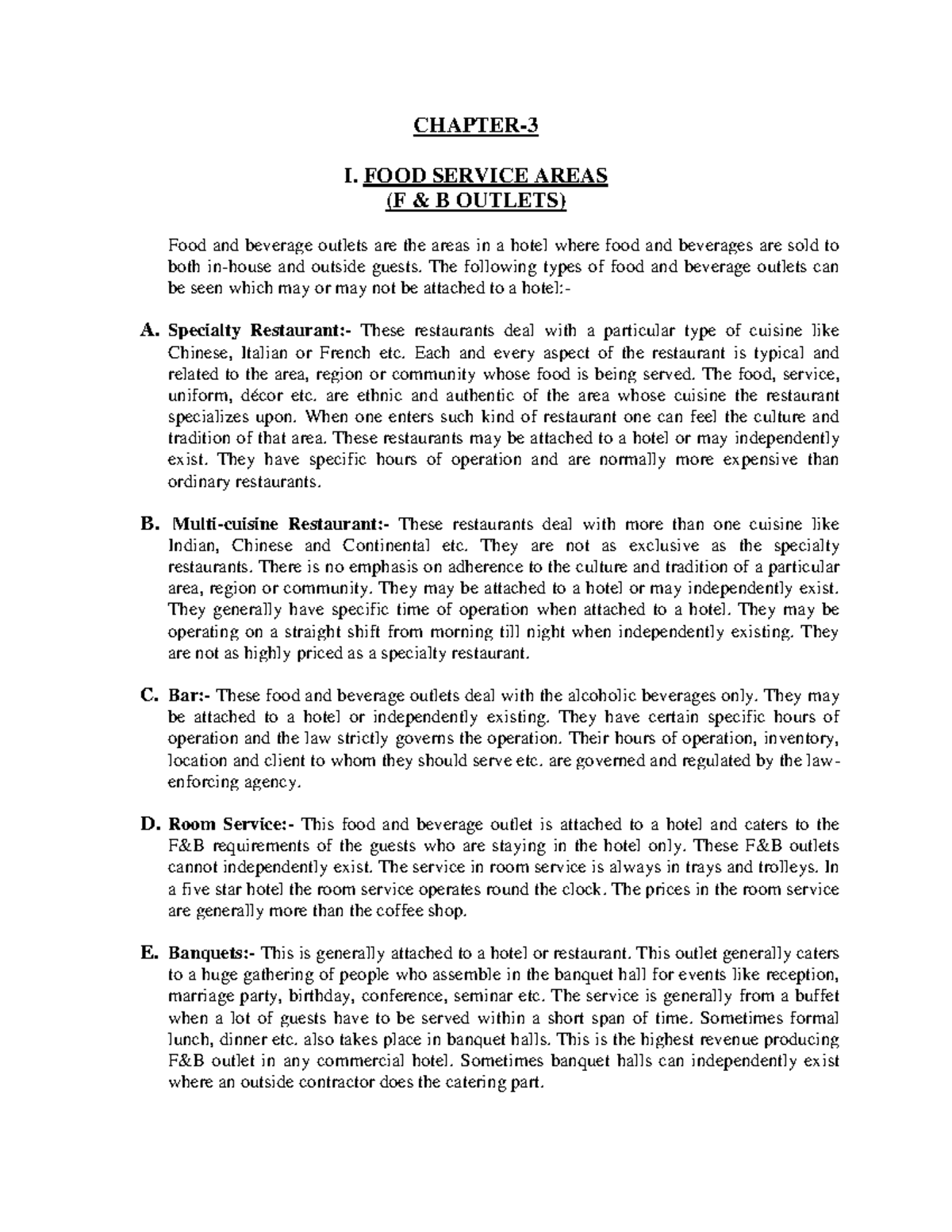 Chapter3 (FOOD Service Areas & Ancillary Departments) CHAPTER I