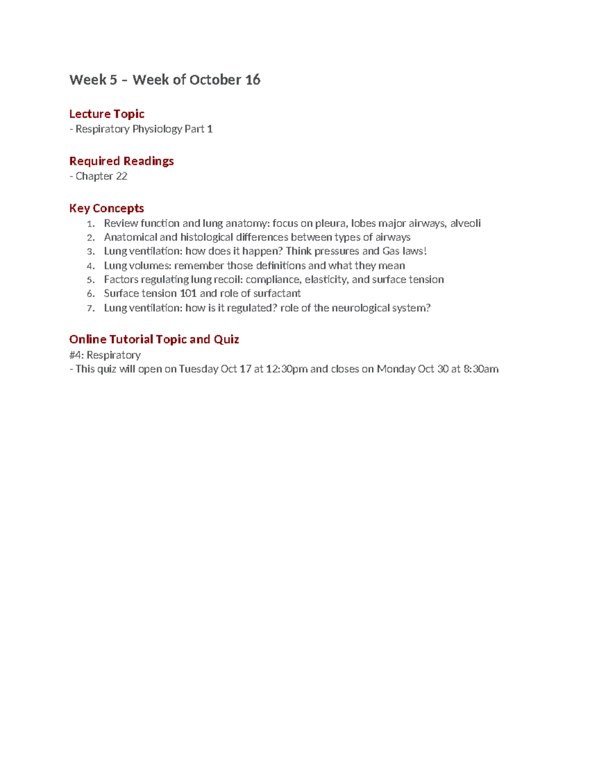 Week 5 - Notes - Week 5 – Week of October 16 Lecture Topic ...