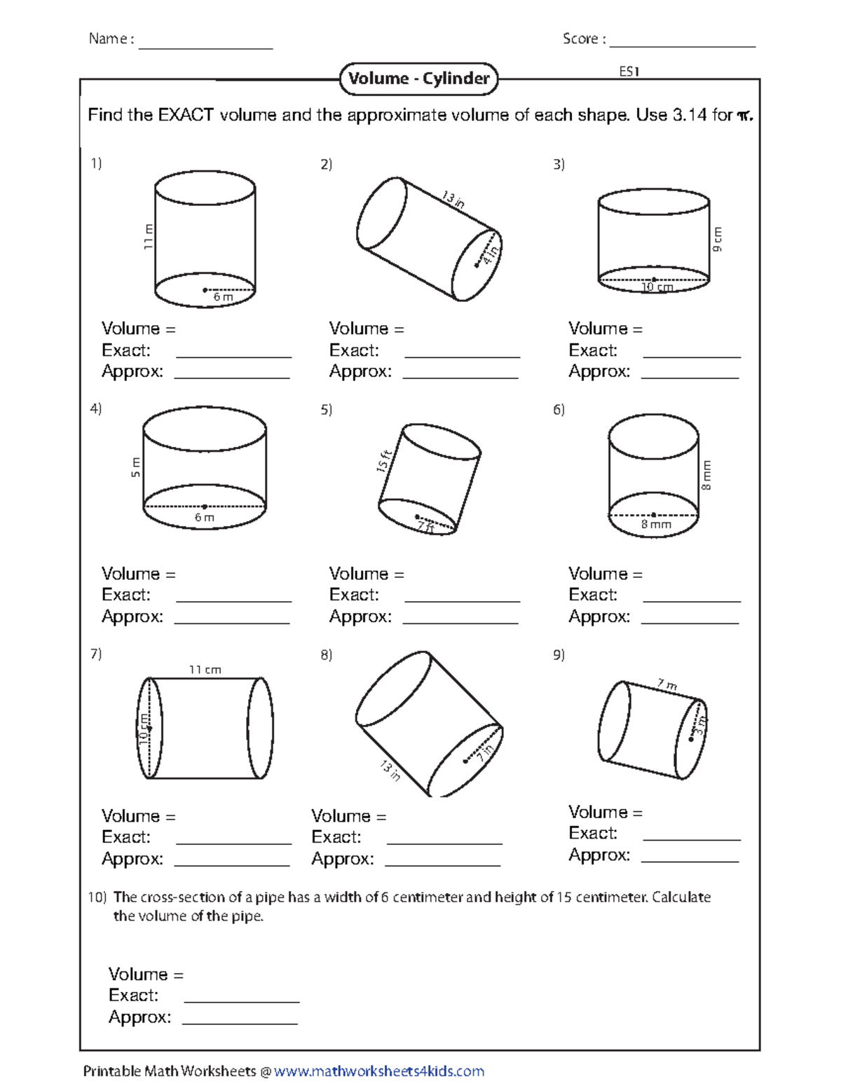 Volume of Cylinders and Prisms W.S - Name : Score : Printable Math ...