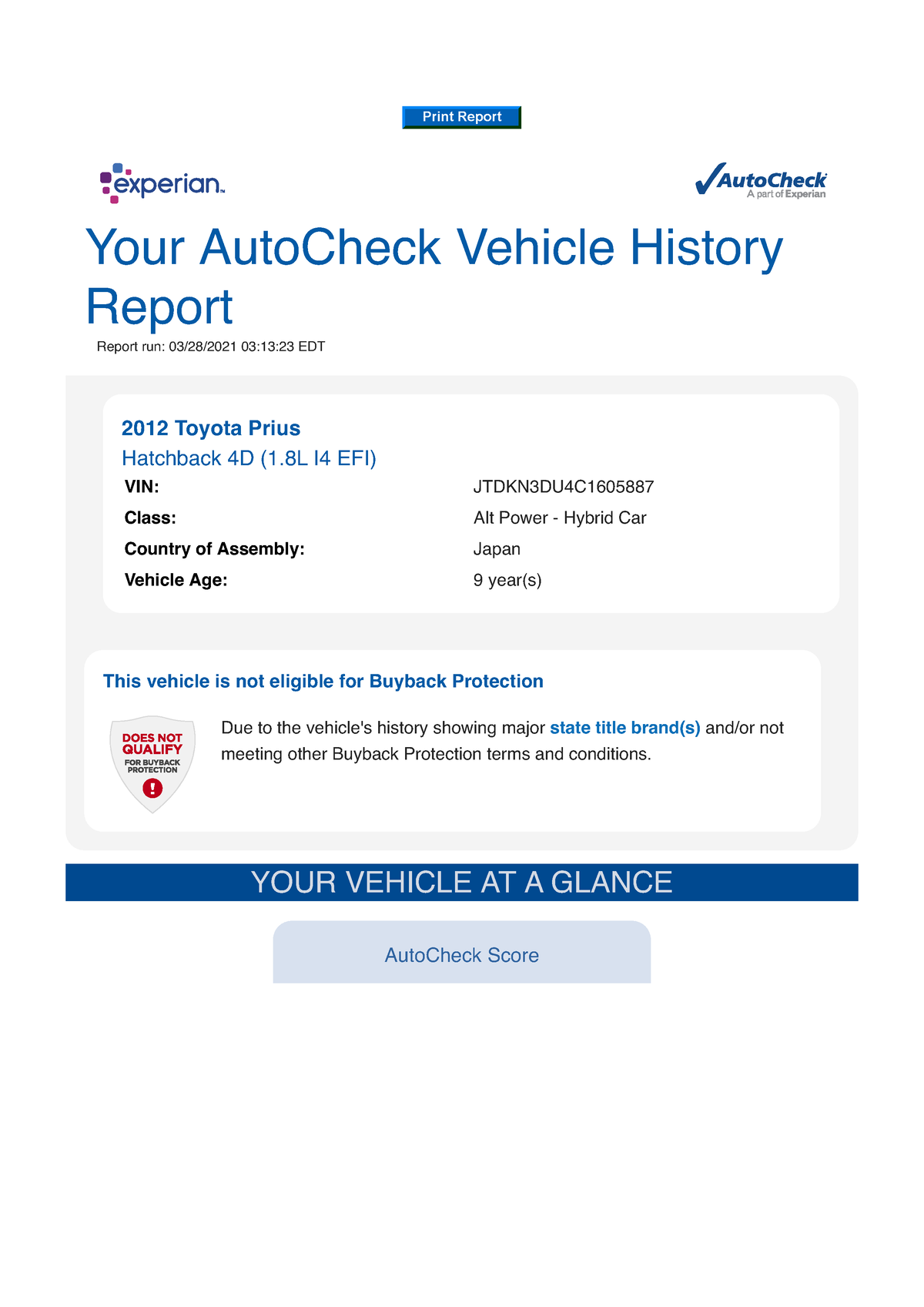 Welcome to Auto Check - Full Report Prius - Print Report Your AutoCheck ...